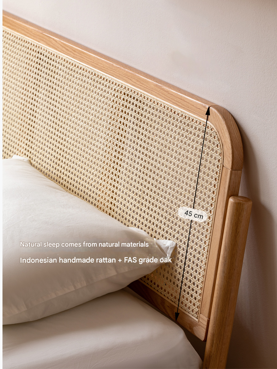 Solid Oak Wood Rattan Bed Frame - Queen Size, Natural Finish - Perfect for Bedroom, Guest Room & Farmhouse Decor