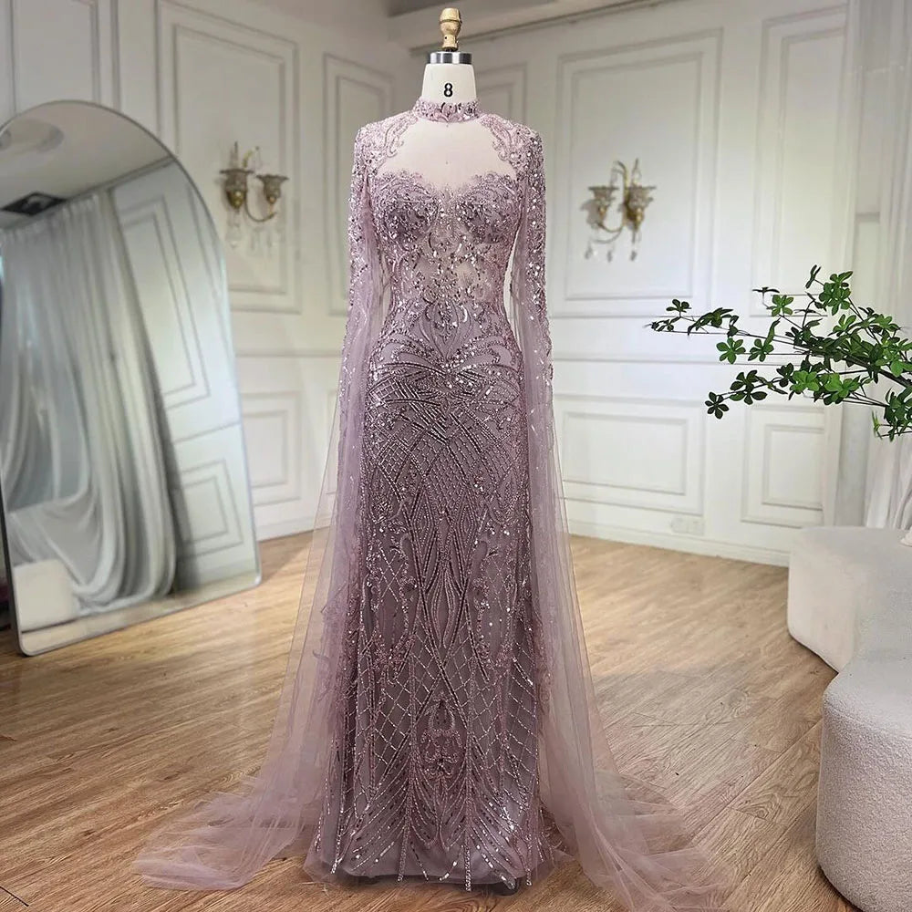 Elegant Beaded Mermaid Evening Gown with High Collar & Cape Sleeves - Luxury Women's Party Dress for Prom, Gala & Formal Events - Serene Hill Collection 2025