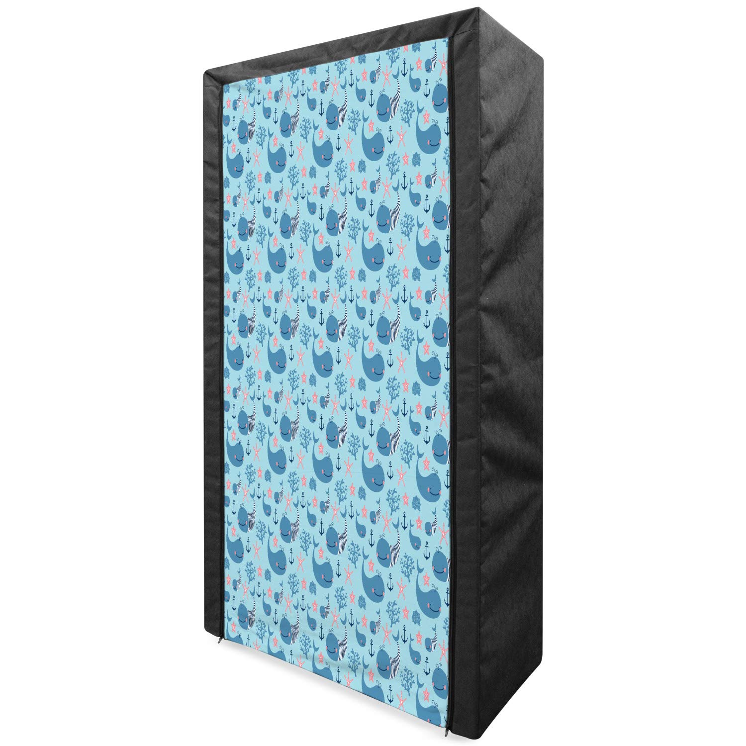 Ambesonne Whale Portable Fabric Wardrobe - Happy Smiling Sea Animals Coral Reef Anchor Starfish Shells Design - Clothing Organizer Storage Closet with Shelves 33.5 Inches - Pale Blue Navy Blue - Perfect for Kids Room, Beach House & Nursery Organization