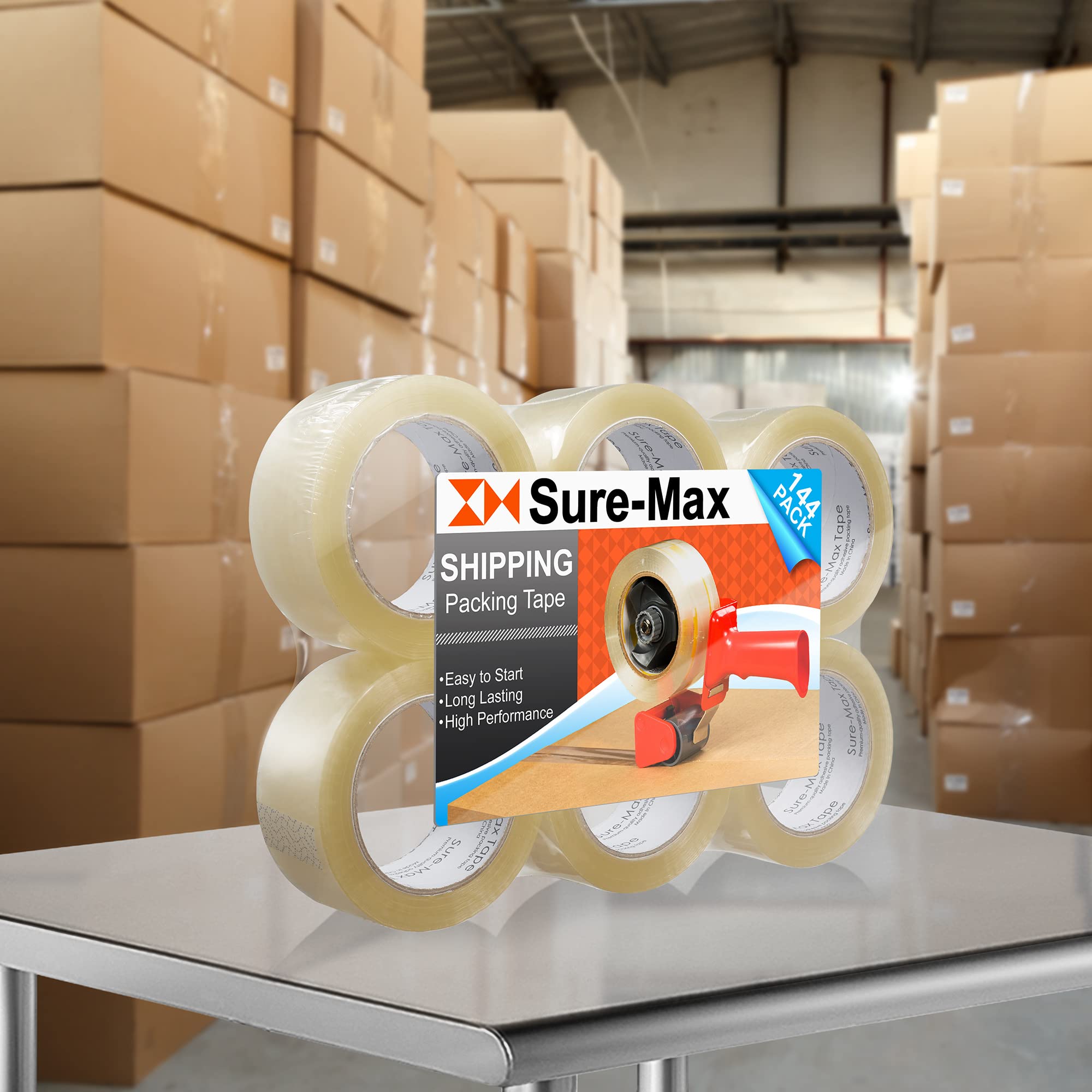 Sure-Max Premium Carton Packing Tape 1.8 mil 330 Feet (110 Yards) - Clear Heavy Duty Shipping Tape for Moving, Packing & Mailing - 4 Cases (144 Rolls Total) - Ideal for Home, Office & Warehouse Use