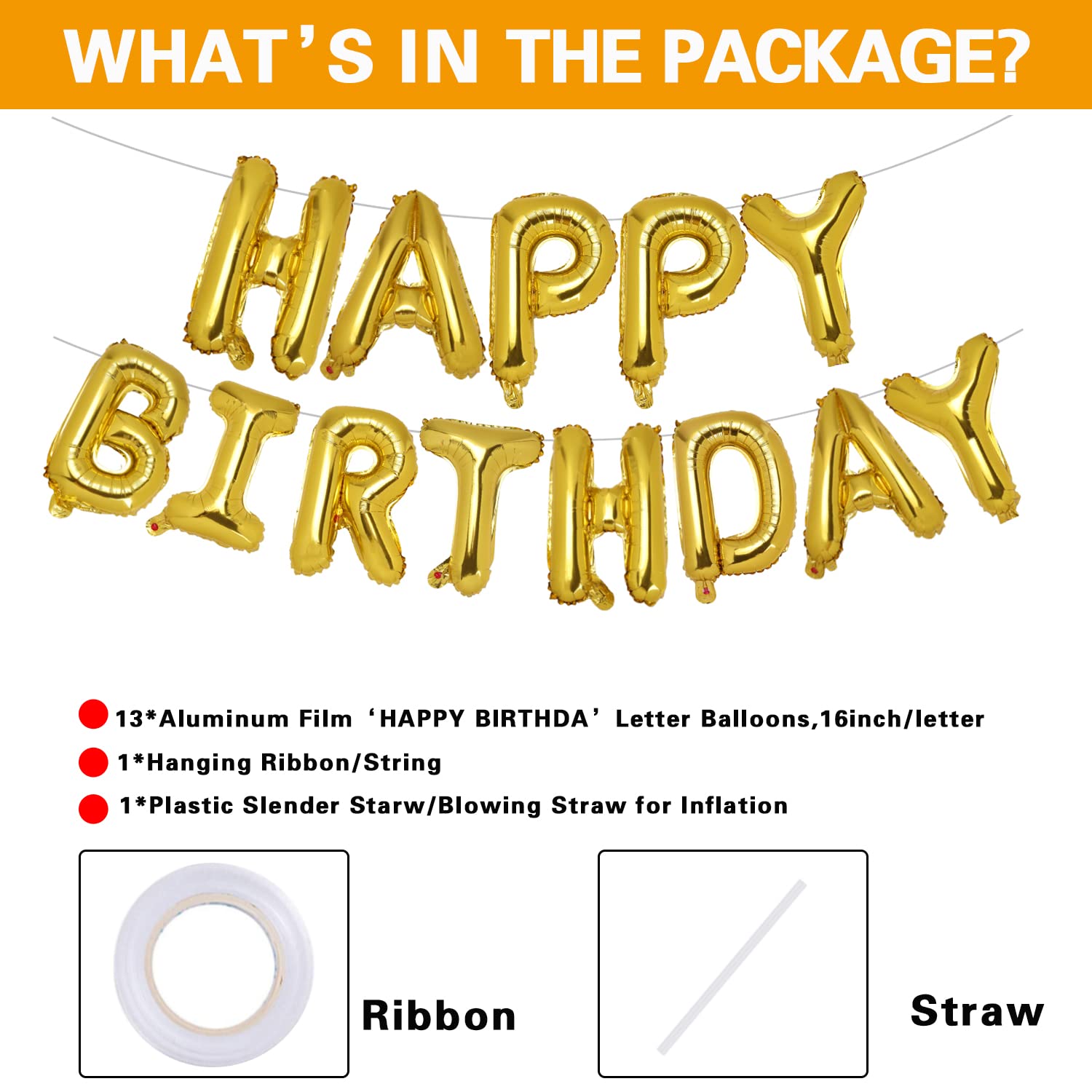 Accevo Gold Happy Birthday Balloons - 16 Inch Mylar Foil Letter Balloons & Banner for Kids, Adults, Boys & Girls - Birthday Party Decorations Supplies - Perfect for Birthday Celebrations, Baby Showers & Anniversary Parties