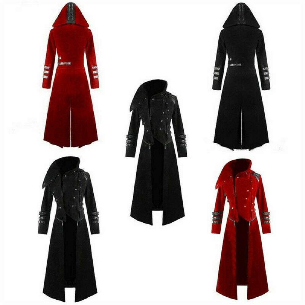 Premium Scorpion Men's Hooded Trench Coat - Long Gothic Steampunk Jacket in Red/Black | Perfect for Cosplay, Halloween Costumes & Alternative Fashion Events