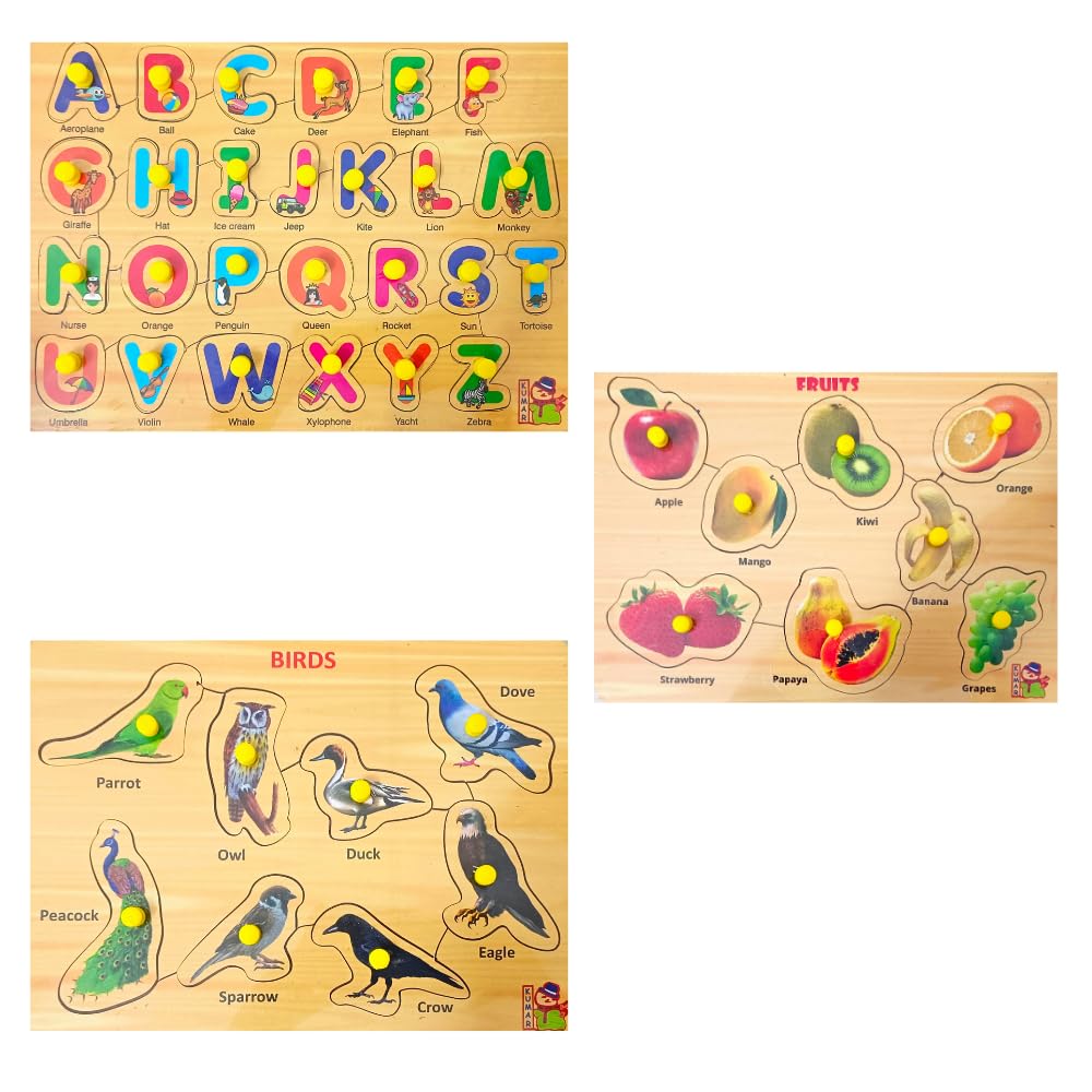 5-Piece Wooden Learning Puzzle Set for Kids & Adults - Shapes, Numbers 1-10, Alphabet ABC, Birds & Fruits - Educational Montessori Toys for Toddlers 3+ Years - Perfect for Homeschooling & Family Game Night