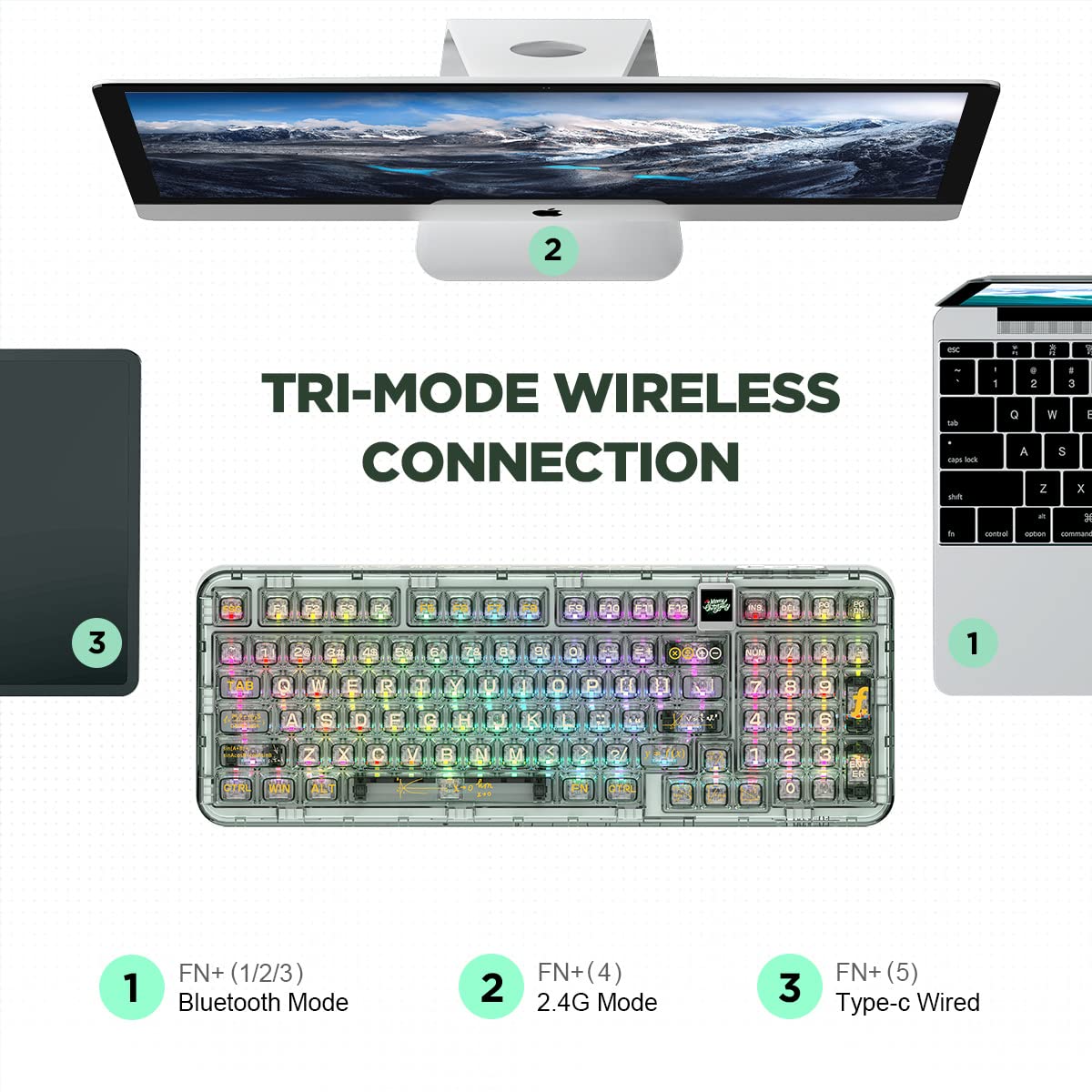 CoolKiller CK98 Wireless Mechanical Gaming Keyboard - RGB Backlit, Hot Swappable, Rechargeable with Gasket Structure for Windows/Mac (Math/Ice Switches) - Perfect for Esports, Office Work & Typing Enthusiasts