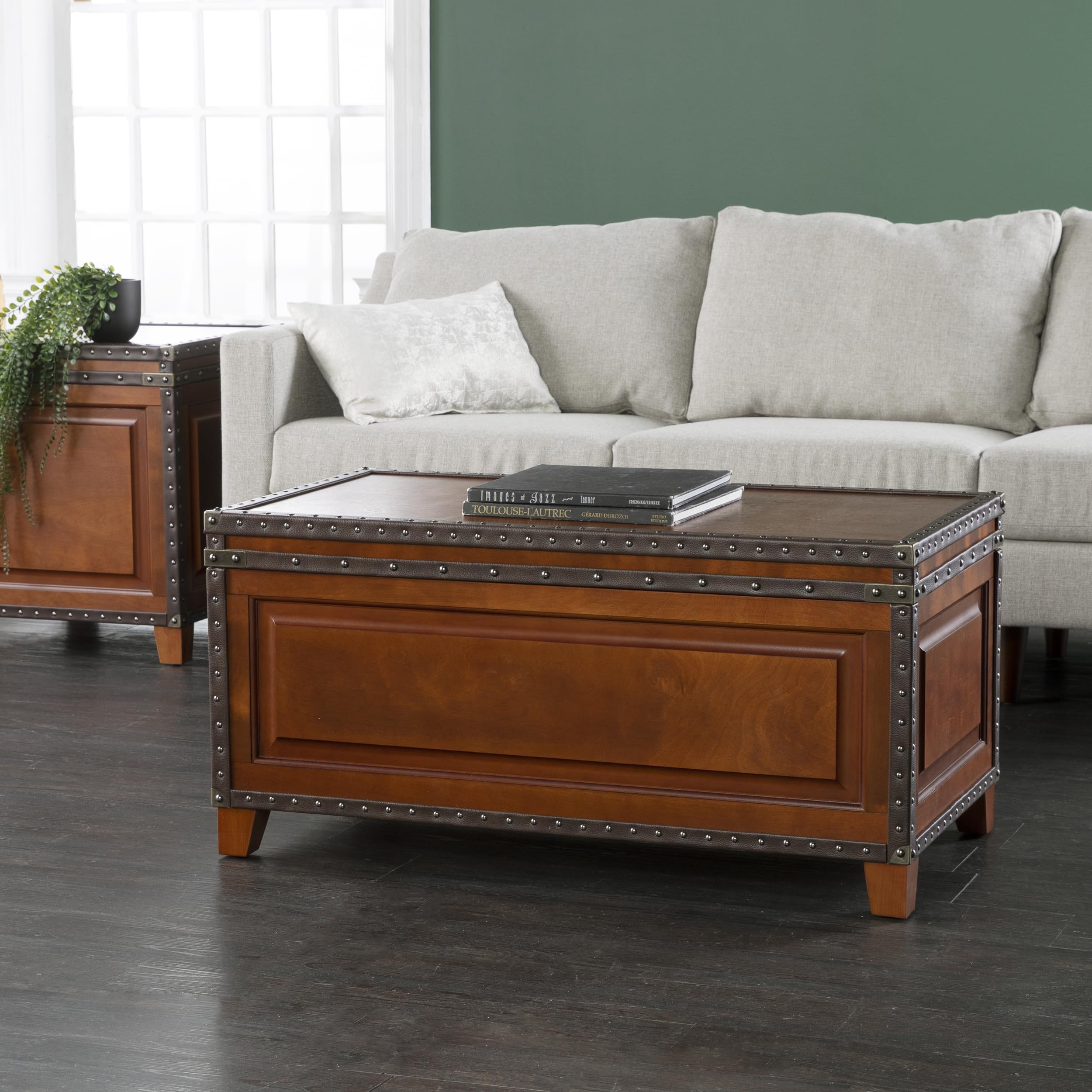 SEI Furniture Amherst Trunk Coffee Table - Faux Leather Upholstery with Nailhead Trim - Dark Cherry, Espresso & Antique Bronze Finish - Perfect for Living Room, Lounge & Home Decor
