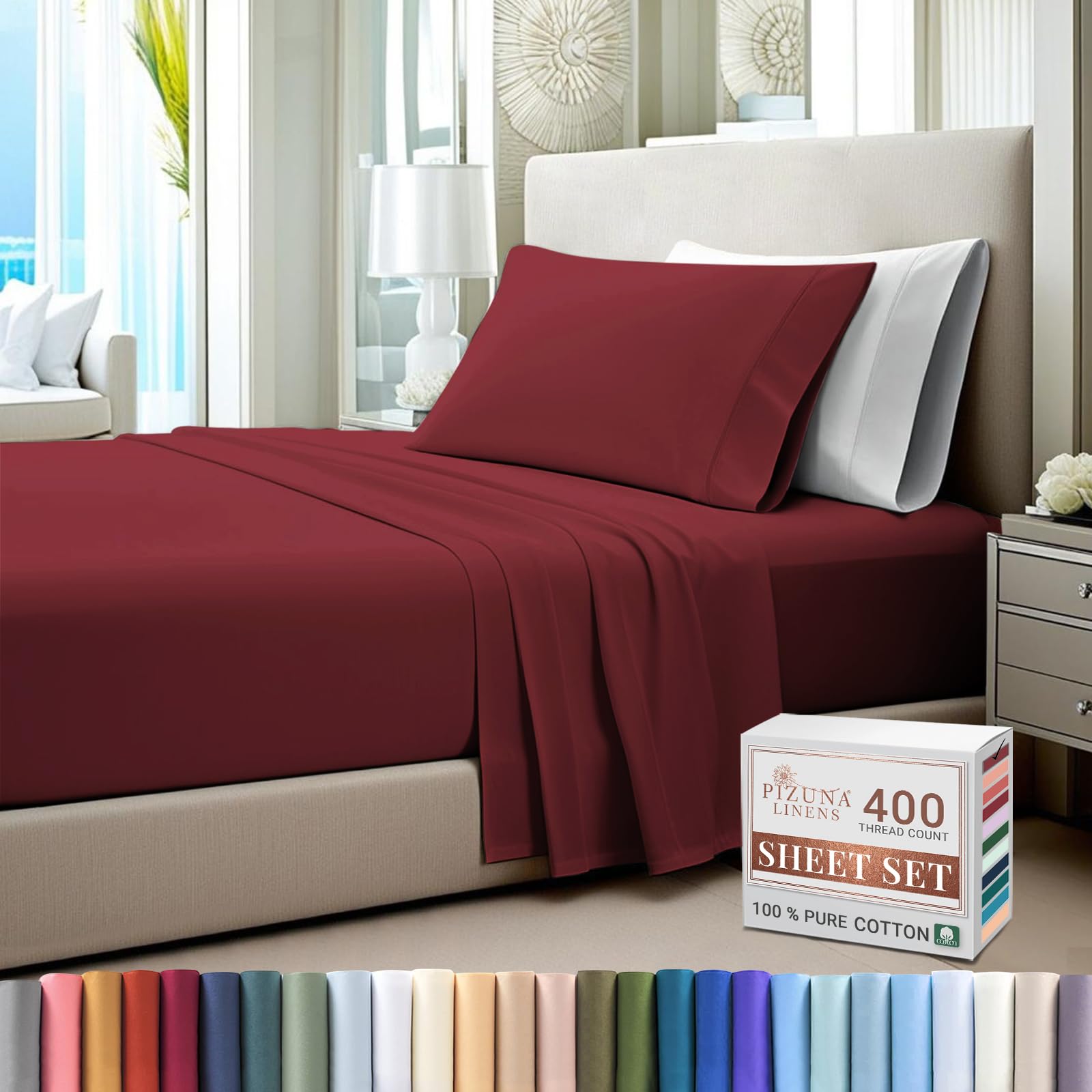 Pizuna Pure 100% Cotton Twin XL Sheets - 400 Thread Count Long Staple Sateen Weave - 15