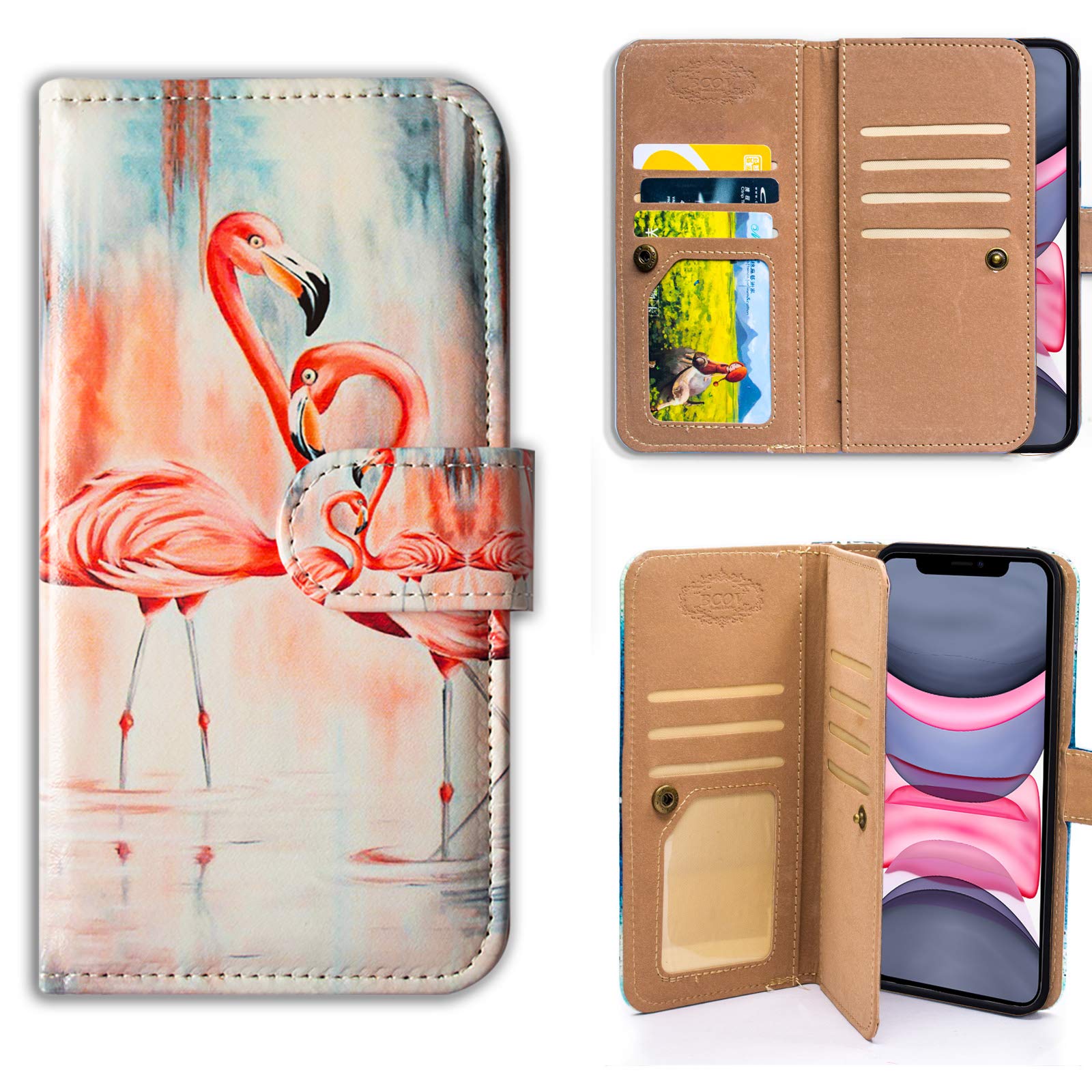 Premium Leather Wallet Case for iPhone 12 & iPhone 12 Pro - Red Flamingo Design with Card Slots & Kickstand | Slim Protective Phone Cover for Everyday Use, Travel & Business Meetings