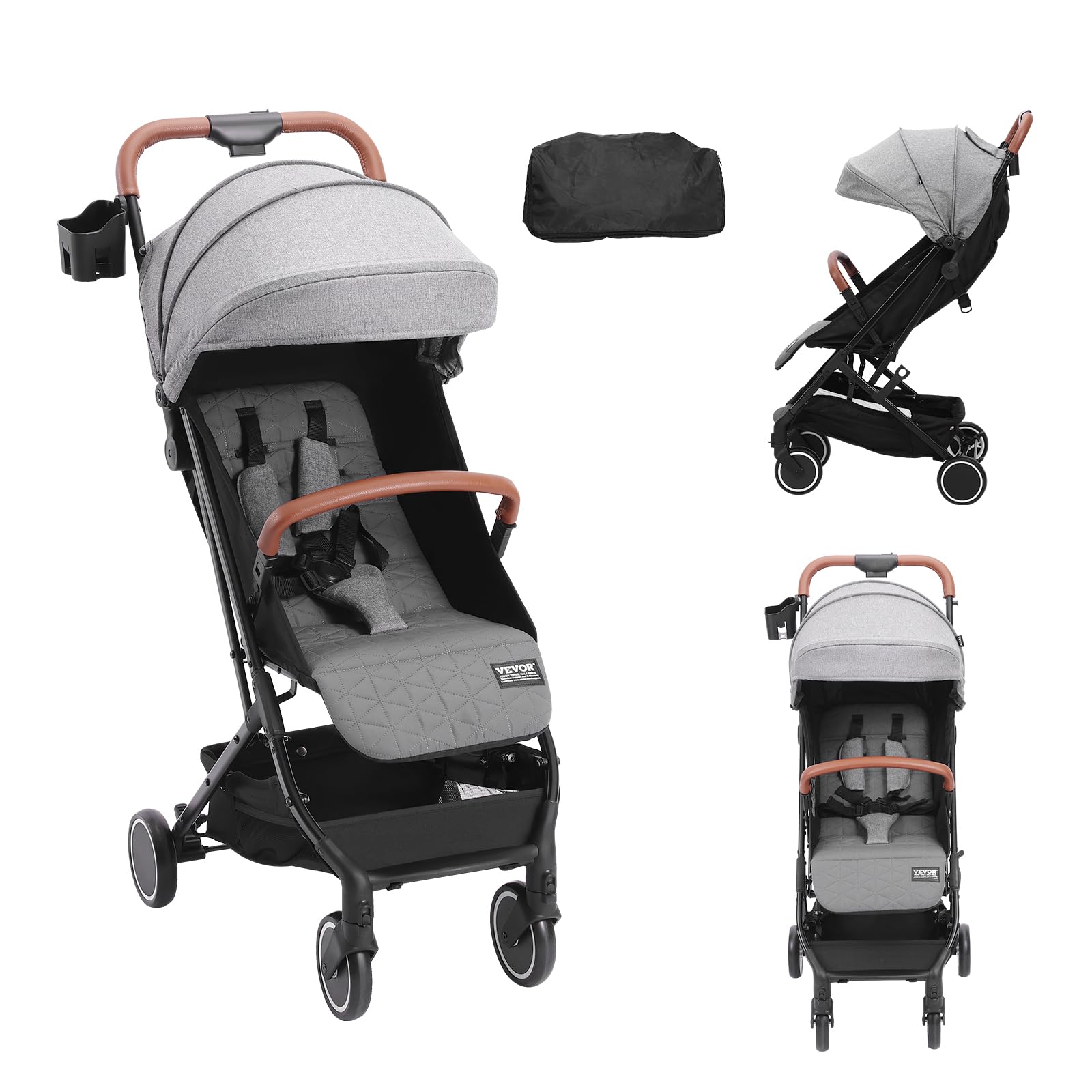 VEVOR Adjustable Baby Stroller for Newborns & Toddlers - Lightweight Travel Stroller with Reclining Backrest (95°-150°), Foldable Footrest (0°/90°), Cup Holder & Storage Bag - One-Click Folding Compact Stroller for Shopping, Travel & Daily Walks (Dark Grey)