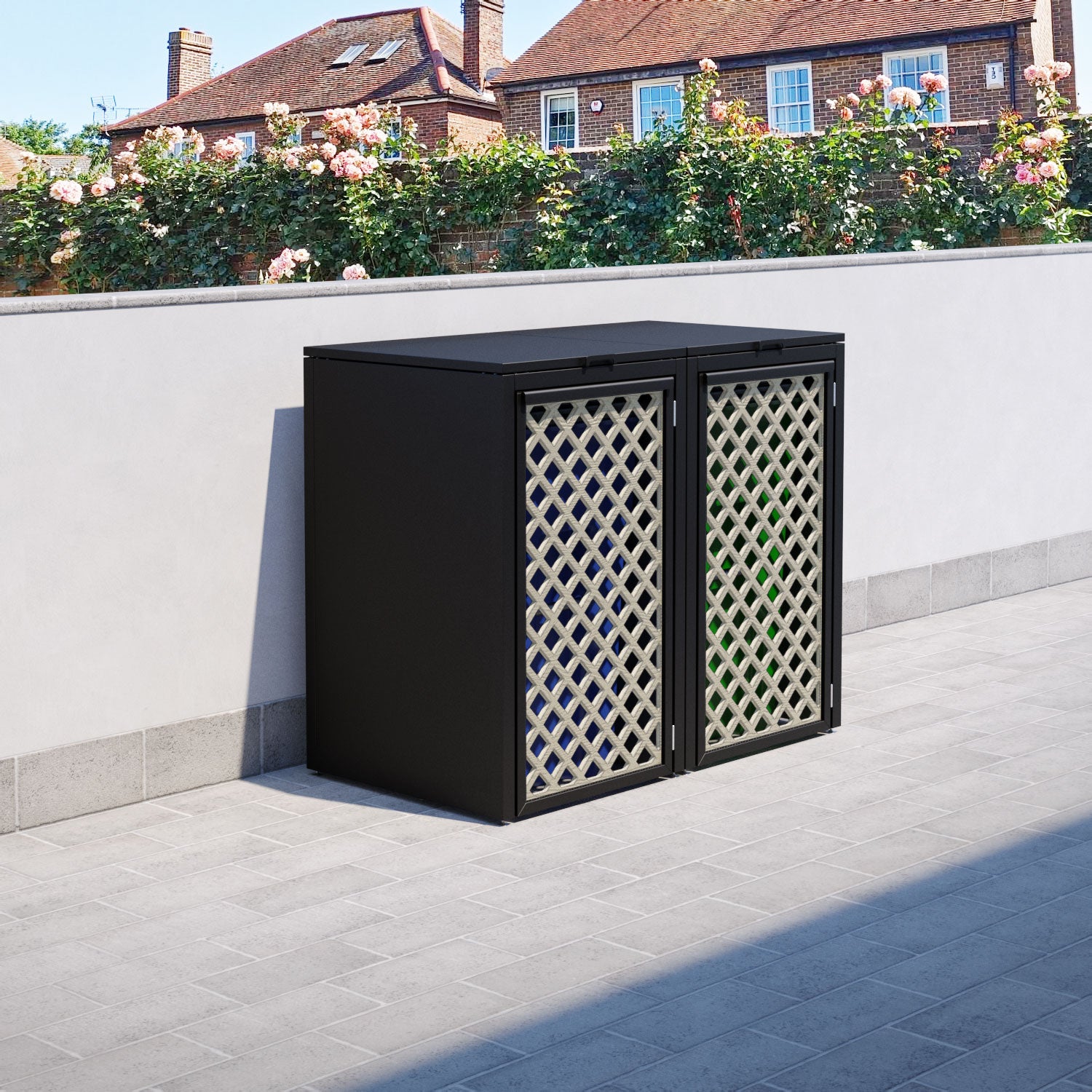 Black 2 Bin Store with Hive Door Screen - Durable Outdoor Trash Can Enclosure for Patio, Garden & Backyard - Perfect for Waste Management & Pest Control