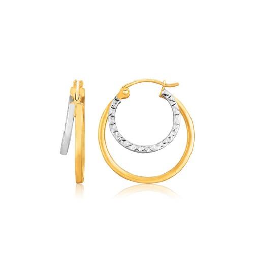14K Two-Tone Gold Double Hoop Hammered Texture Earrings for Women - Elegant Dangle Drop Earrings for Party, Wedding & Everyday Wear