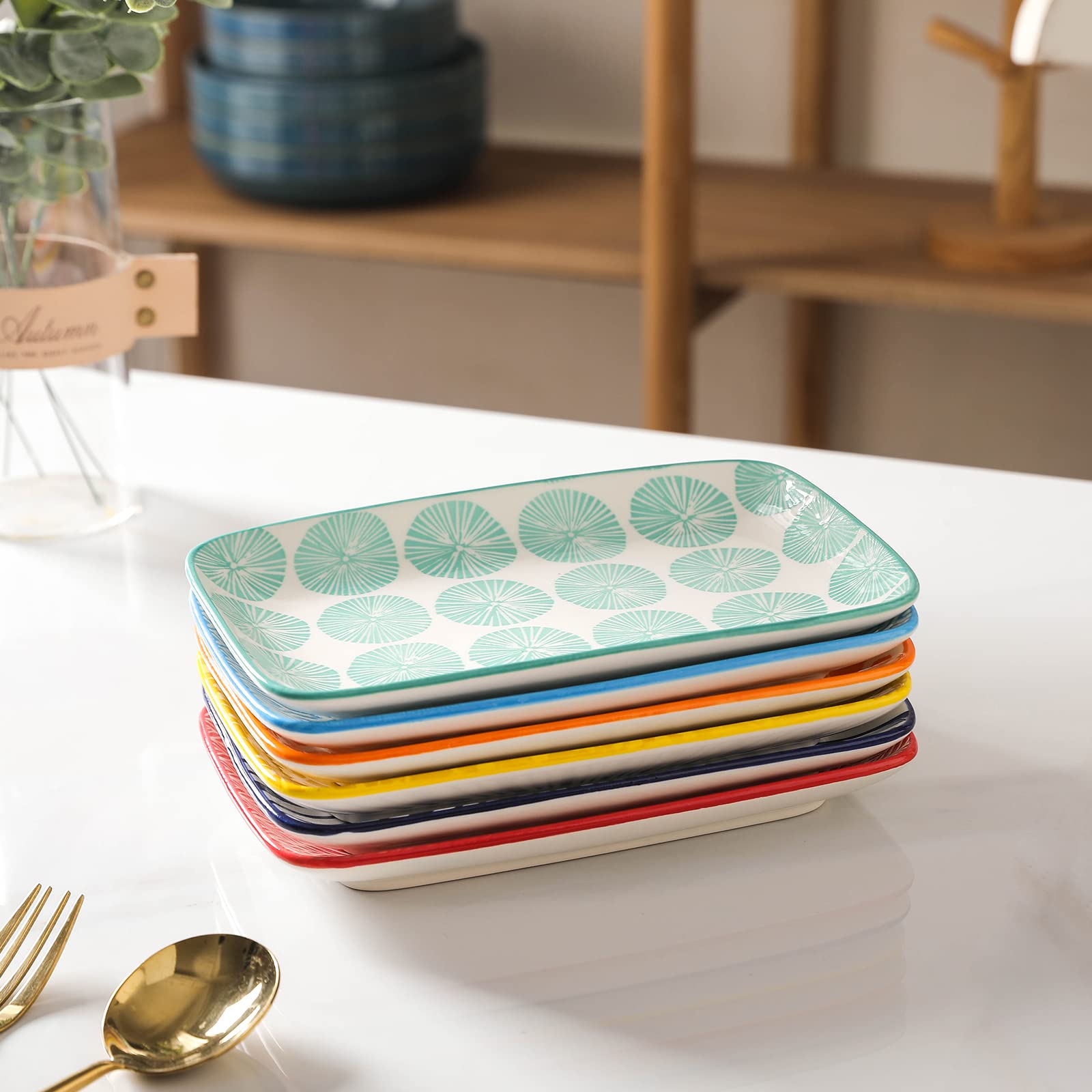 Selamica 8-Inch Rectangular Ceramic Plates - Set of 6 Colorful Dinner Plates for Salad, Pasta, Sushi, Appetizers & Desserts | Microwave, Oven & Dishwasher Safe | Perfect for Home Dining, Parties & Restaurant Use