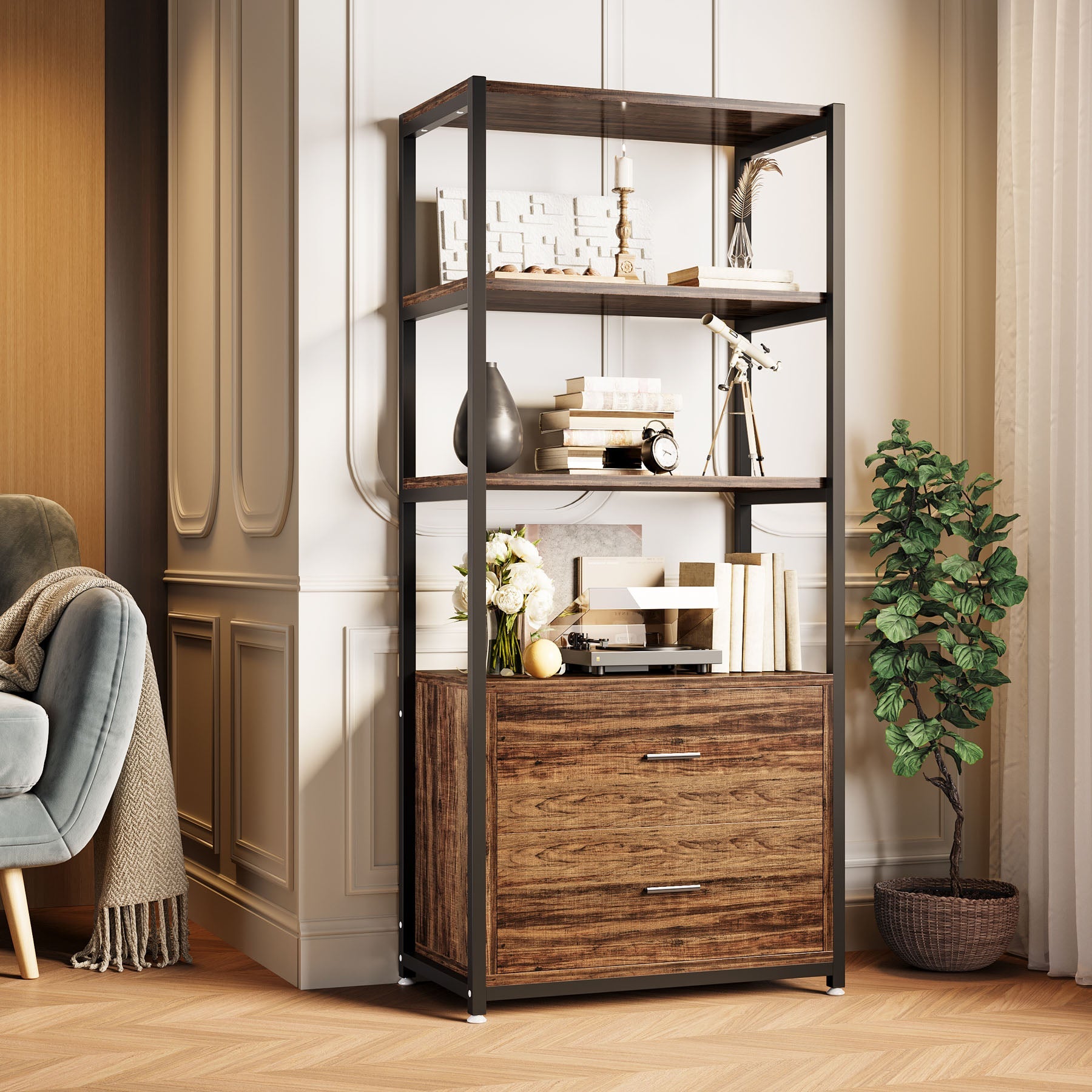 4 Tier Bookshelf with 2 Drawers - Modern Wooden Bookcase for Home Office, Living Room, Bedroom - Perfect for Organizing Books, Decor & Storage