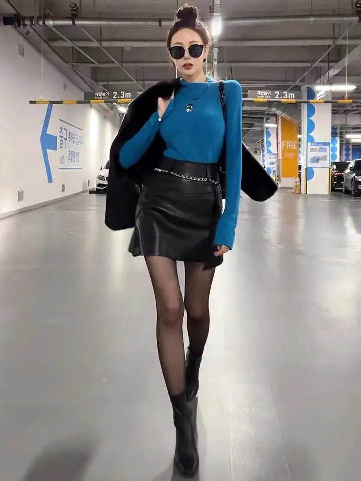 Autumn Women's Brown Chain Belt Mini Skirt - High Waist Slim Leather Bodycon Wrap Hip Short Skirt for Streetwear & Night Out | Trendy Fashion for Parties, Dating & Casual Wear