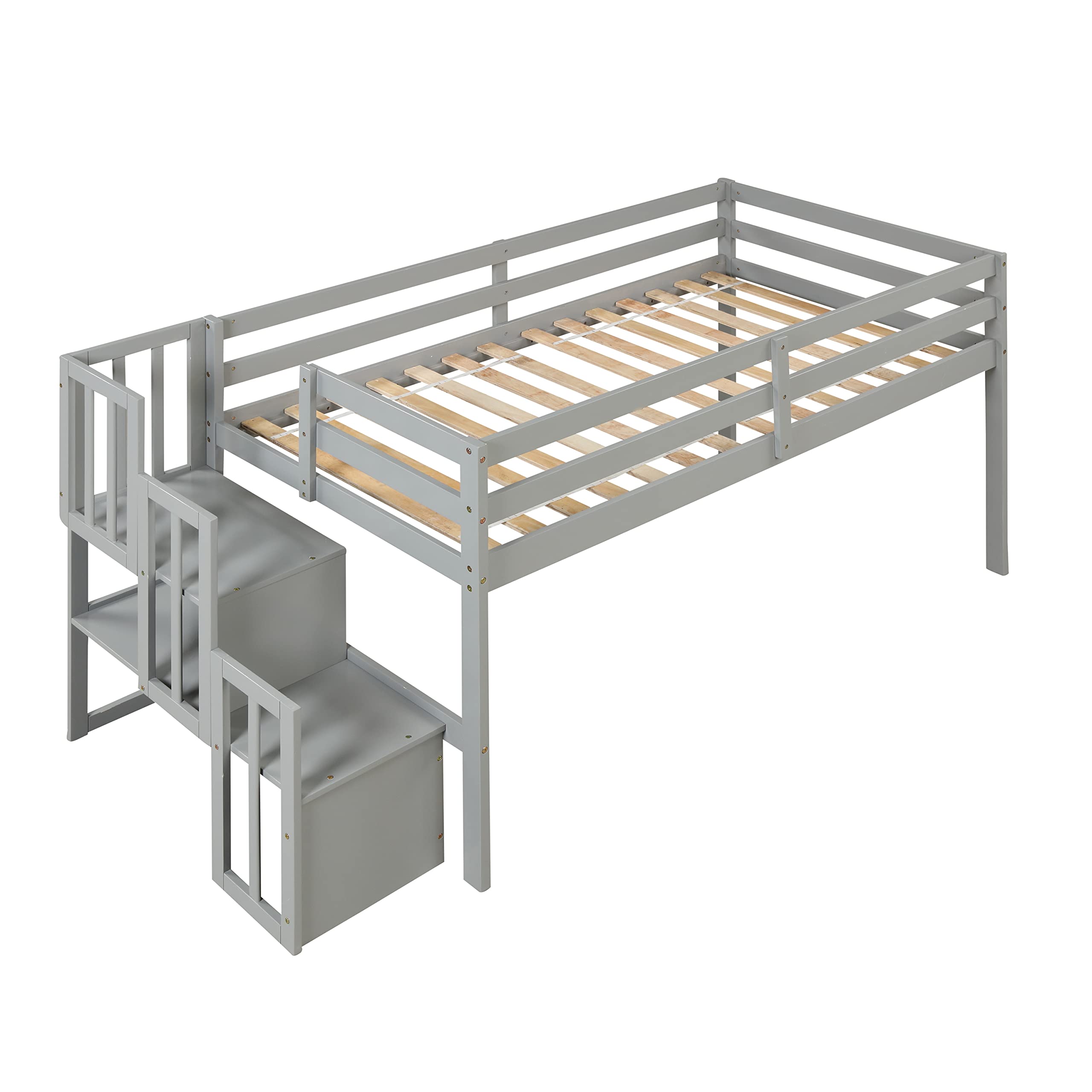 Harper & Bright Designs Twin Size Low Loft Bed with Storage Staircase & Shelves - Wooden Loft Bed Frame for Kids, Teens & Toddlers with Full-Length Safety Guardrails - No Box Spring Needed (Grey) | Perfect for Small Bedrooms, Dorm Rooms & Space-Saving Kids' Rooms