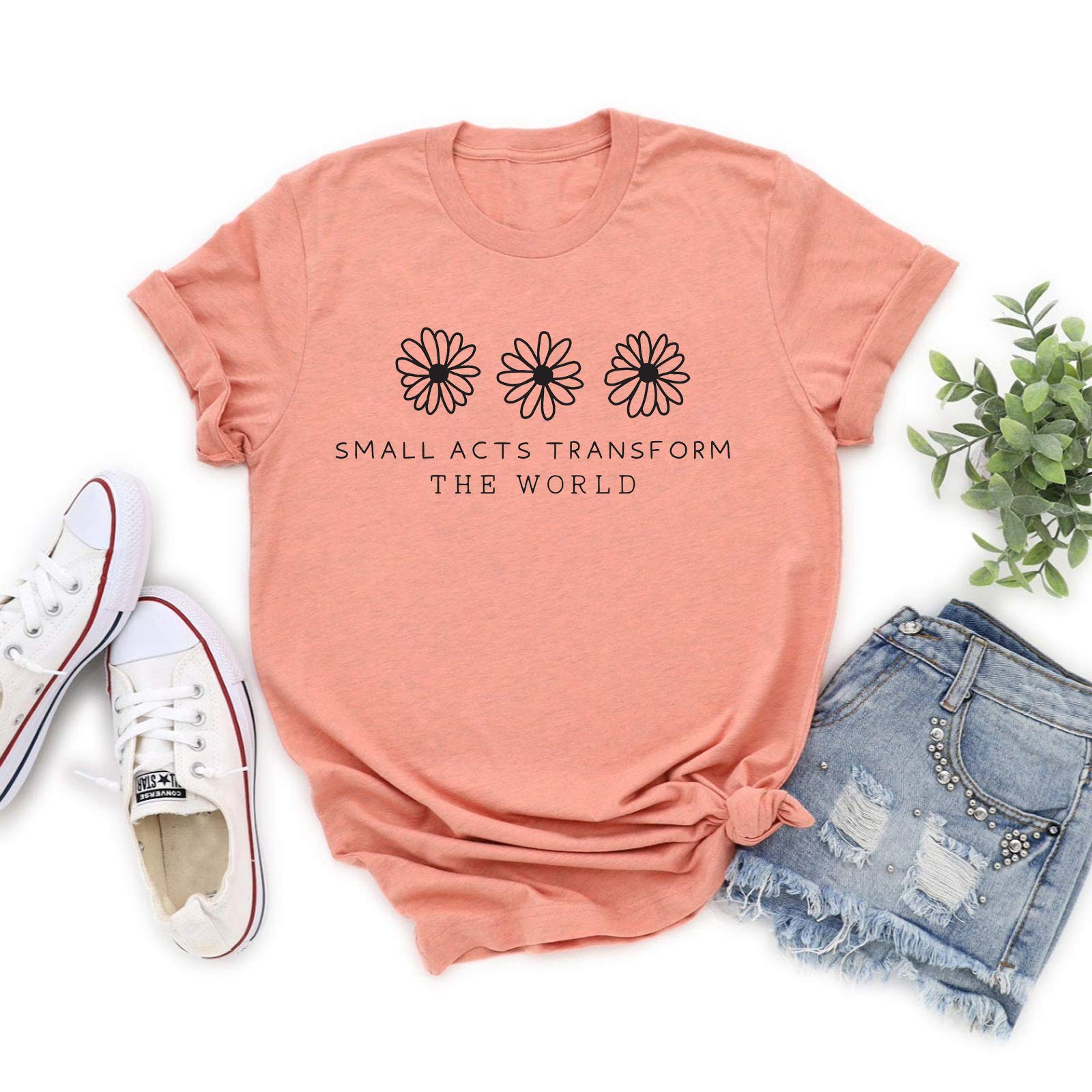 GEMLON Women's Cute Floral Graphic T-Shirt - Short Sleeve Summer Top with Inspirational 'Small Acts Can Transform The World' Message - Perfect for Casual Outings, Beach Days & Positive Vibes