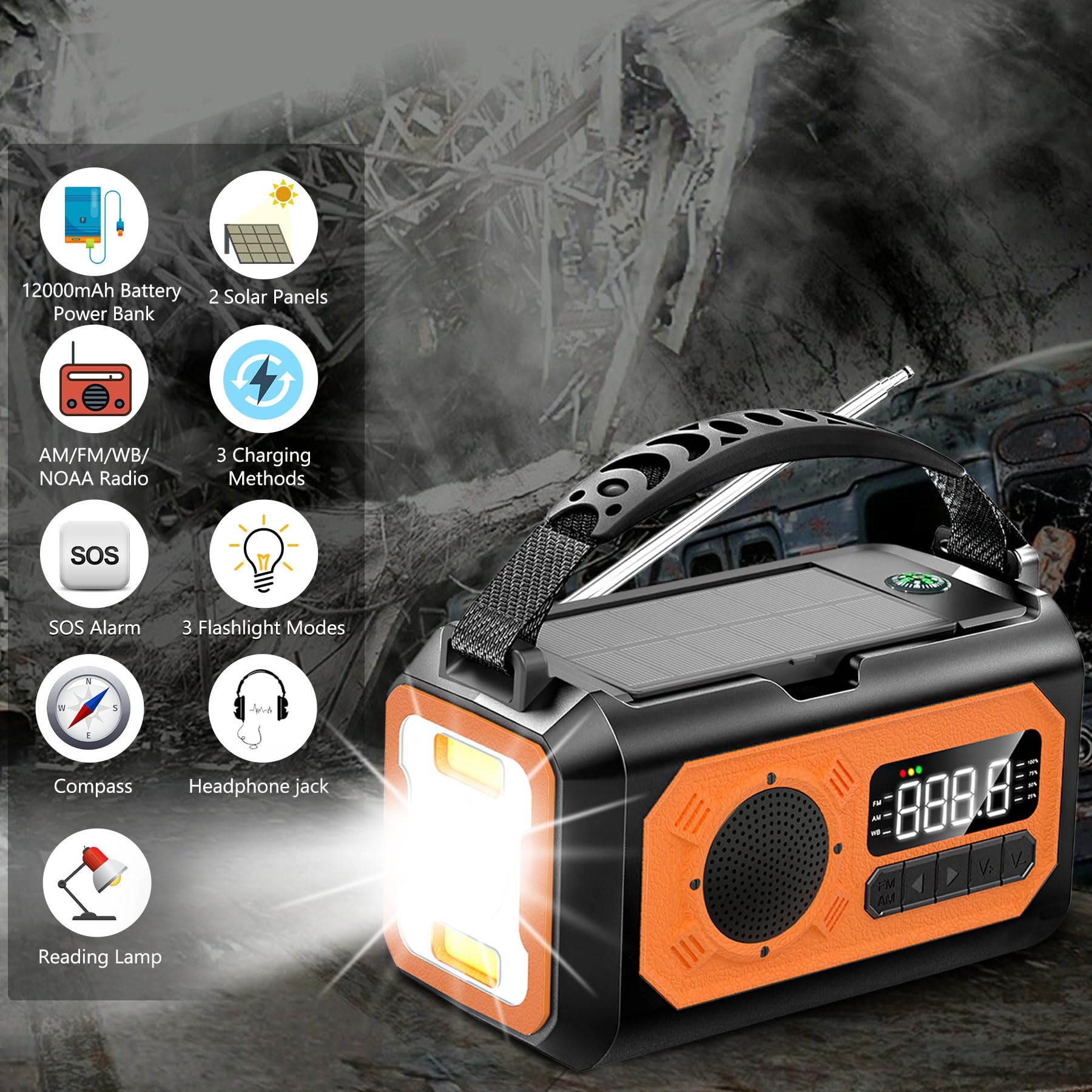 12000mAh Solar Hand Crank Emergency Radio with AM/FM/NOAA Weather Alert, USB Type-C Charging, LED Flashlight & Reading Lamp, SOS Alarm, Compass - Perfect for Outdoor Camping, Hiking and Emergency Preparedness (Orange)