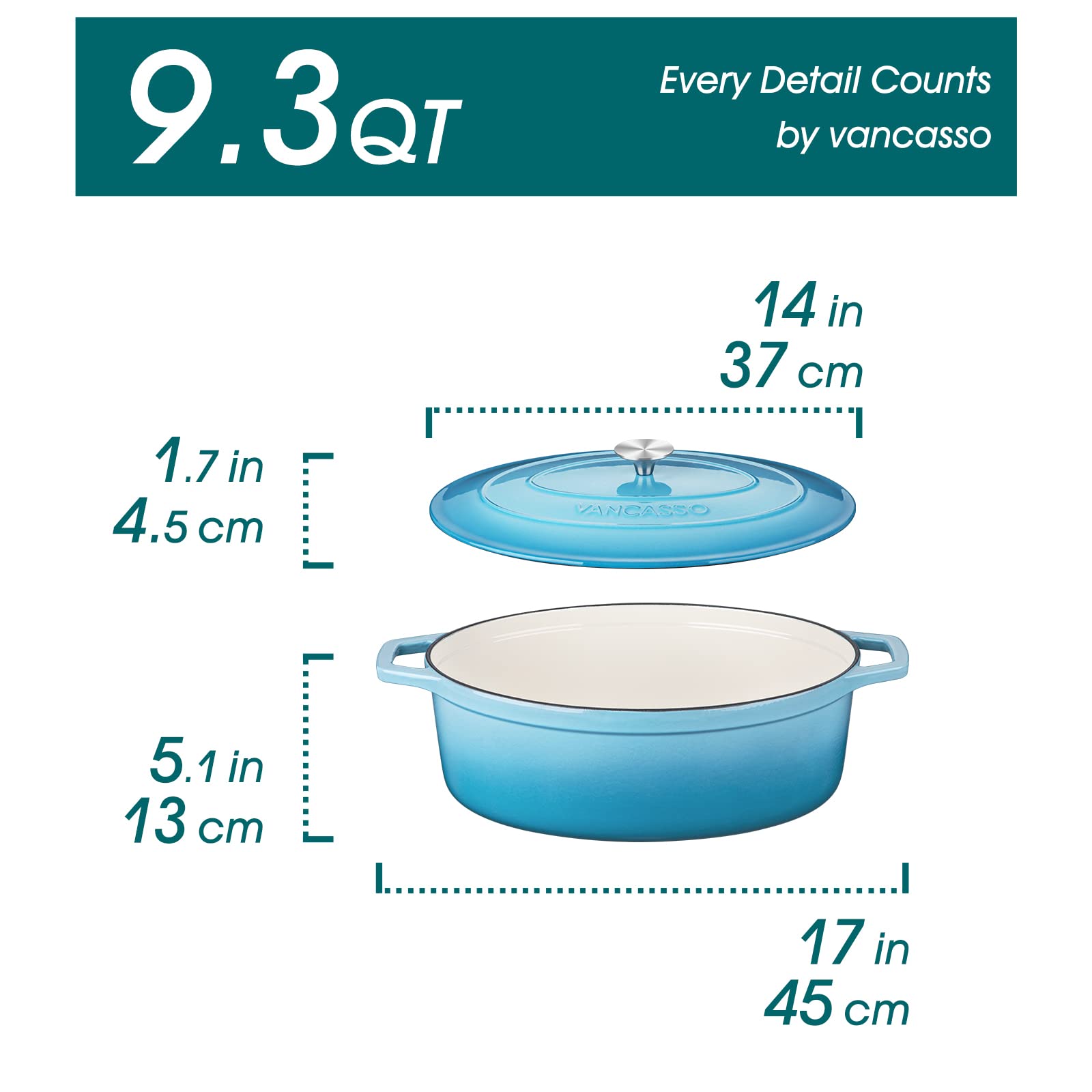 Vancasso 9.3 Quart Enameled Cast Iron Dutch Oven with Lid - Non-Stick Oval Pot for Bread Baking, Soups, Stews & Braising - Light Blue Kitchen Cookware for Home & Professional Chefs