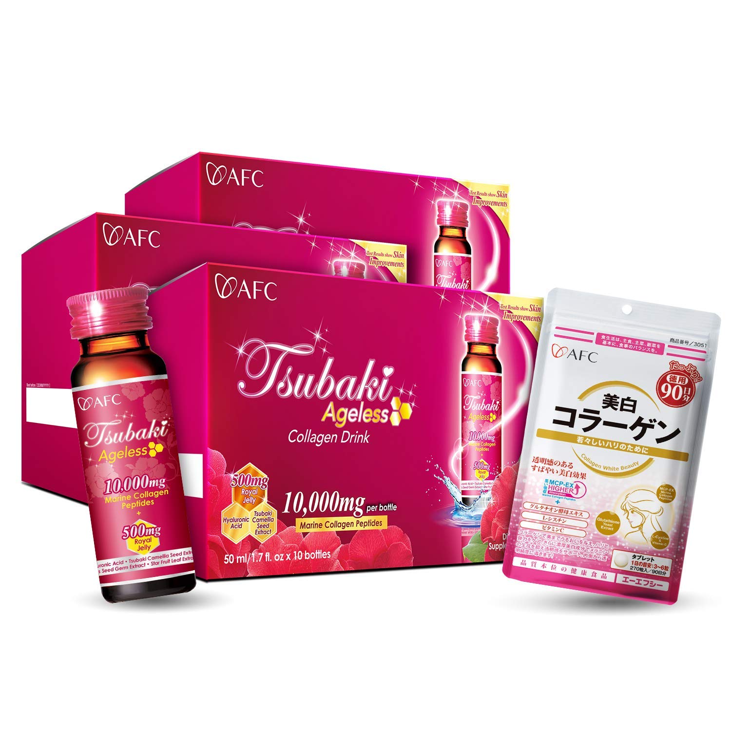 AFC Japan Tsubaki Ageless Beauty Collagen Drink - 3 Boxes with Marine Collagen Peptides, Royal Jelly & Hyaluronic Acid | Skin Revitalization, Firmness & Whitening Supplement | Perfect for Daily Anti-Aging & Glow Boosting Routine