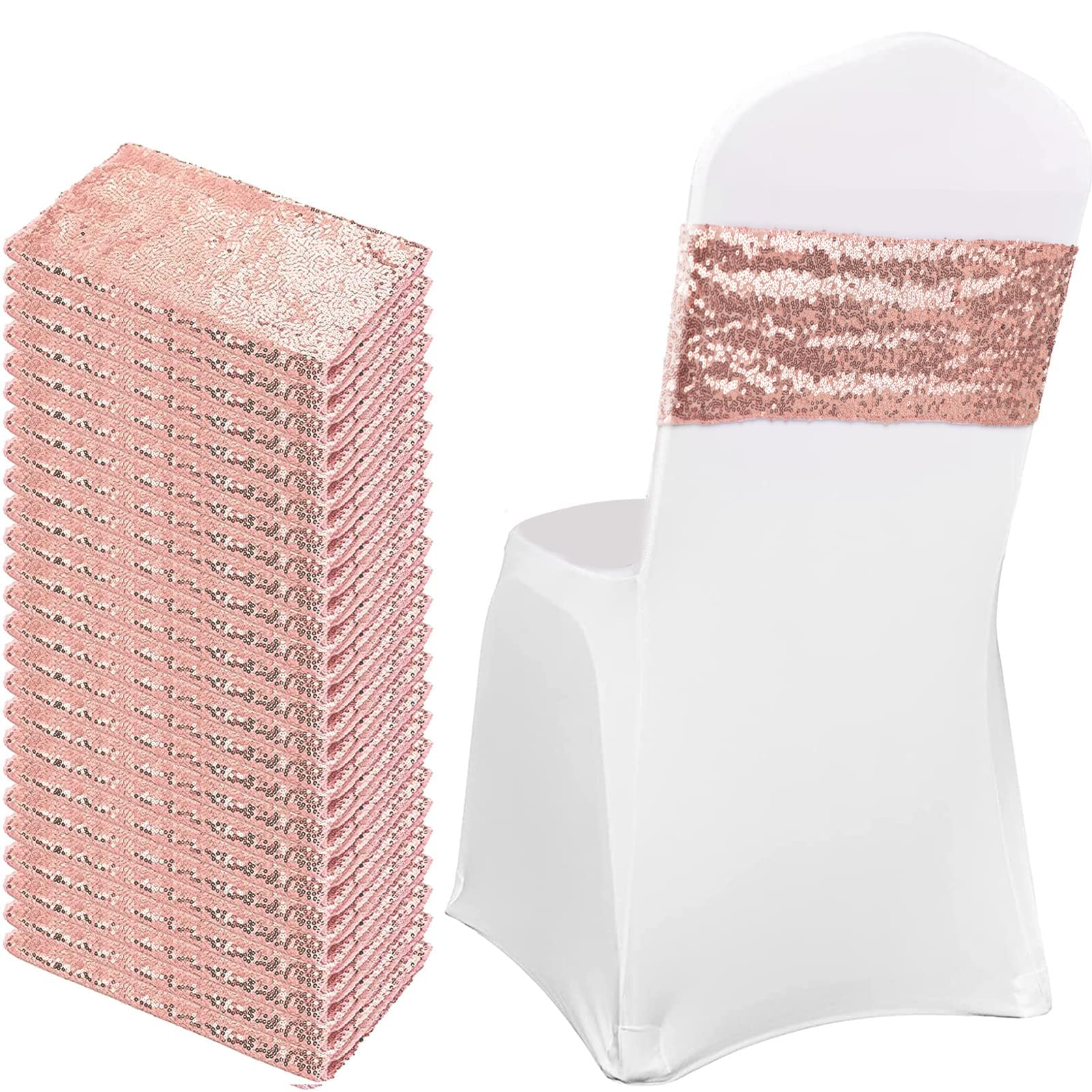 Yulejo 80-Piece Rose Gold Sequin Chair Sashes - Stretchy Spandex Glitter Chair Bands with Shiny One-Sided Sequins for Wedding, Banquet & Party Decor - Perfect for Hotel Receptions, Bridal Showers & Special Event Chair Decorations