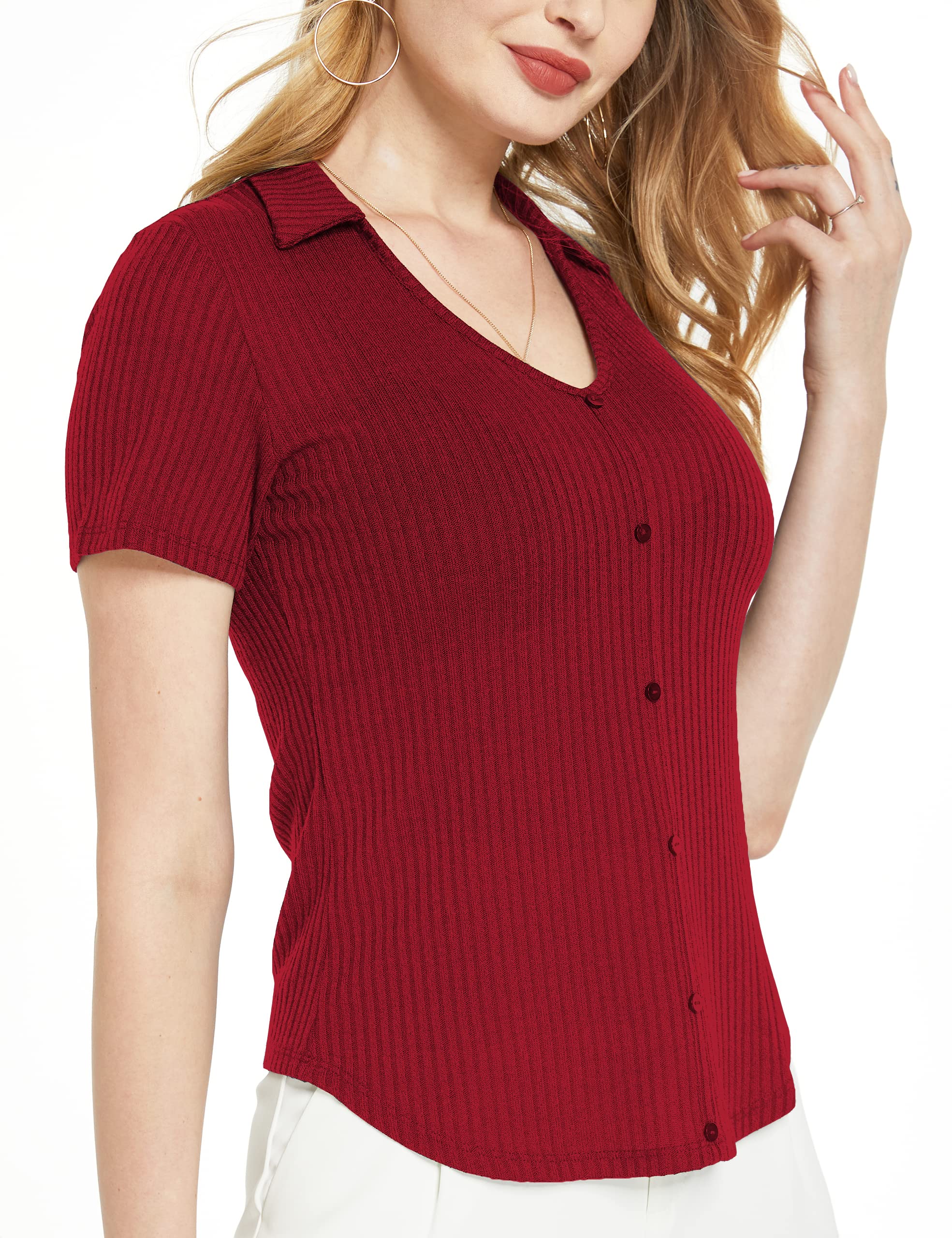 Women's V-Neck Ribbed Fitted T-Shirts - Short Sleeve Summer Tops for Casual Wear, Date Night & Office Outfits