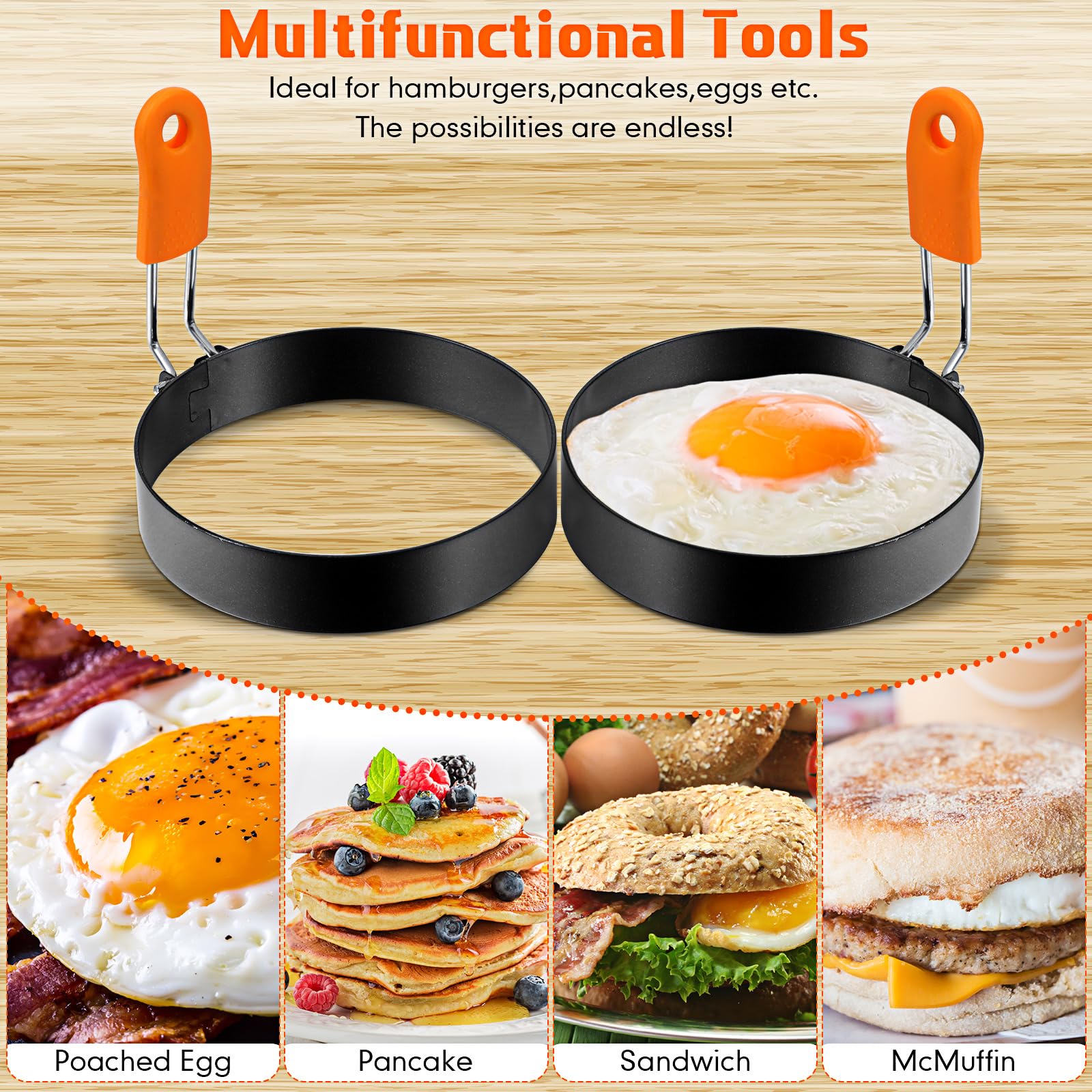 **Patelai 6-Piece Stainless Steel Egg & Pancake Ring Set with Orange Silicone Handle – 4 & 6 Inch Non-Stick Molds for Perfect Fried Eggs, Omelettes, Pancakes & Breakfast Sandwiches – Ideal for Home Cooking, Brunch, and Meal Prep**