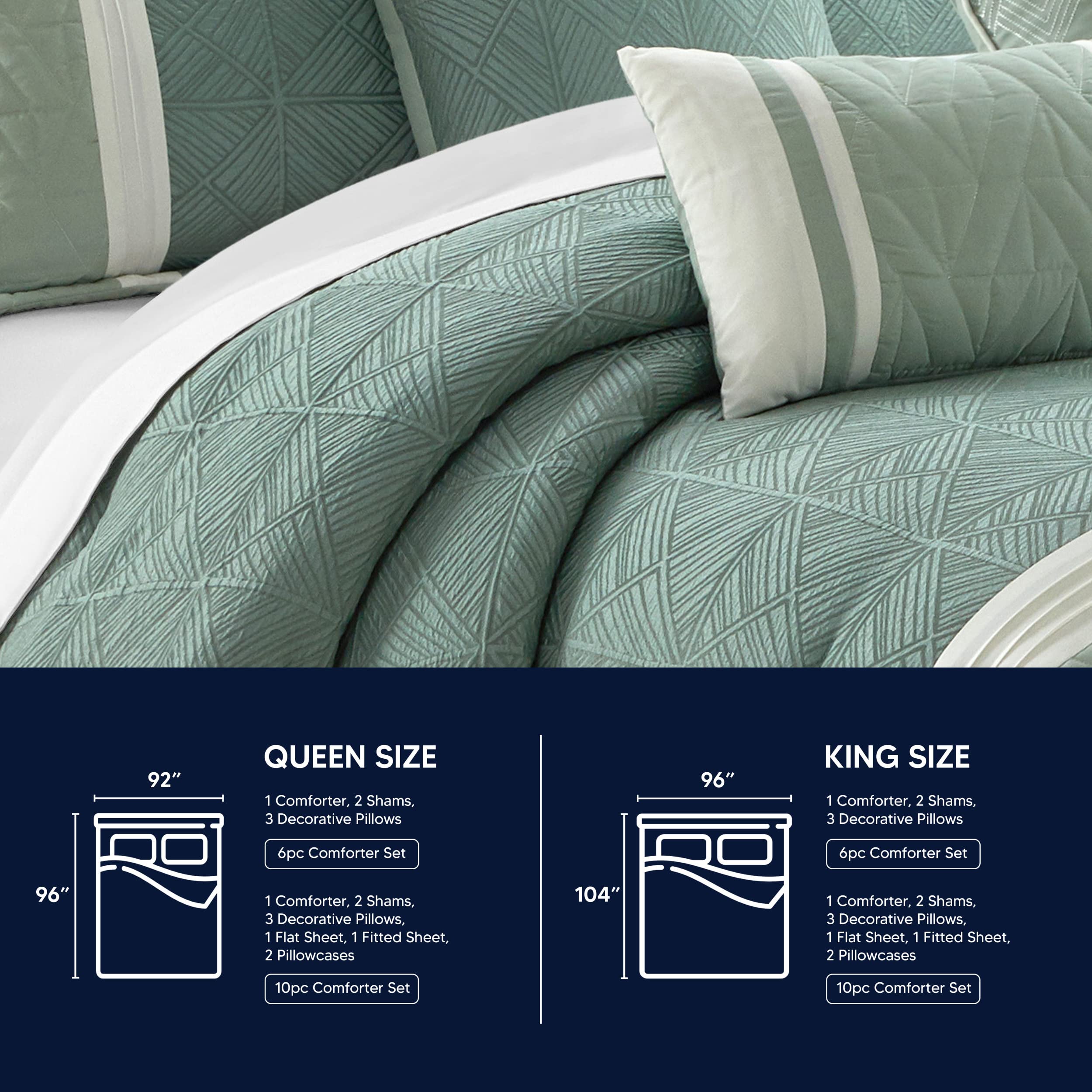 Chic Home Macie 6-Piece Queen Comforter Set - Jacquard Woven Geometric Design with Pleated Quilted Details, Includes Decorative Pillows & Shams, Green | Perfect for Modern Bedroom Decor & Guest Room Styling