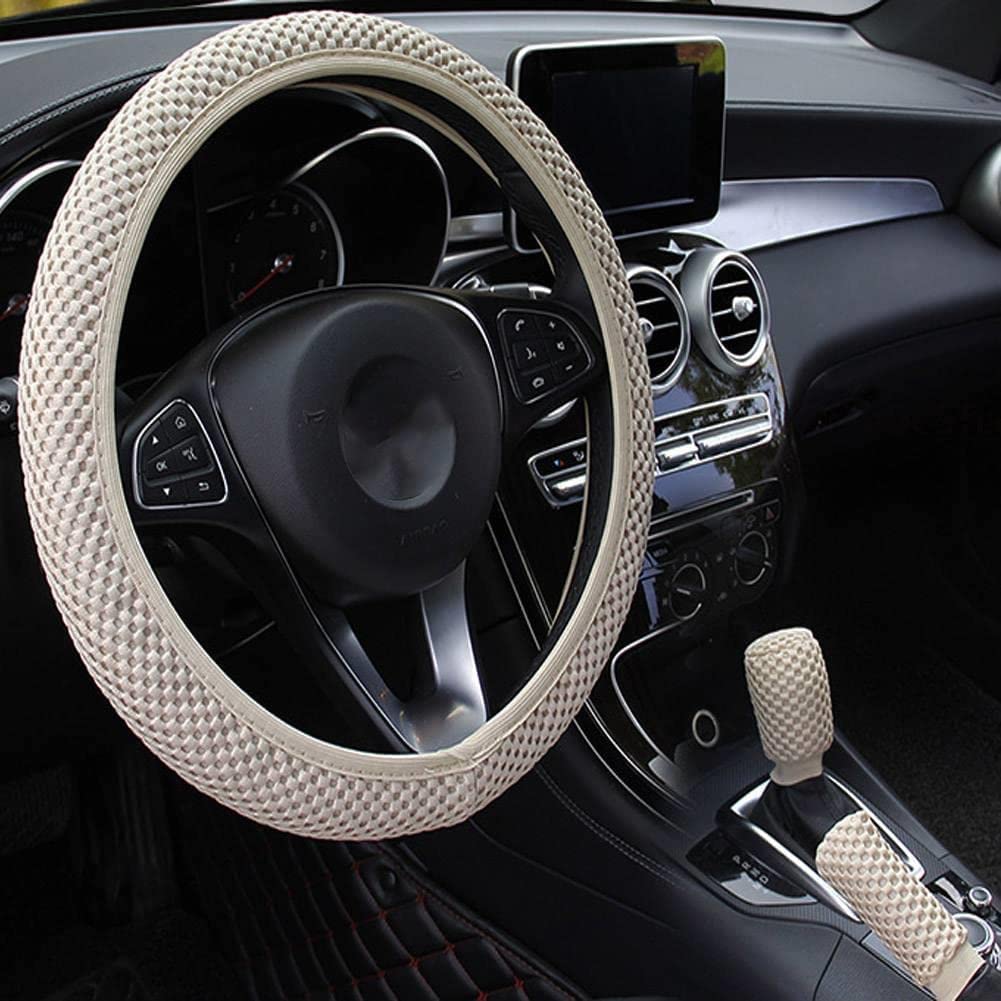 Viinice 3-Piece Non-Slip Breathable Steering Wheel Cover - Universal Fit 14.5-15 Inch (37-38cm) - Beige | Comfortable Grip for Cars, Trucks & SUVs | Perfect for Daily Commute & Road Trips