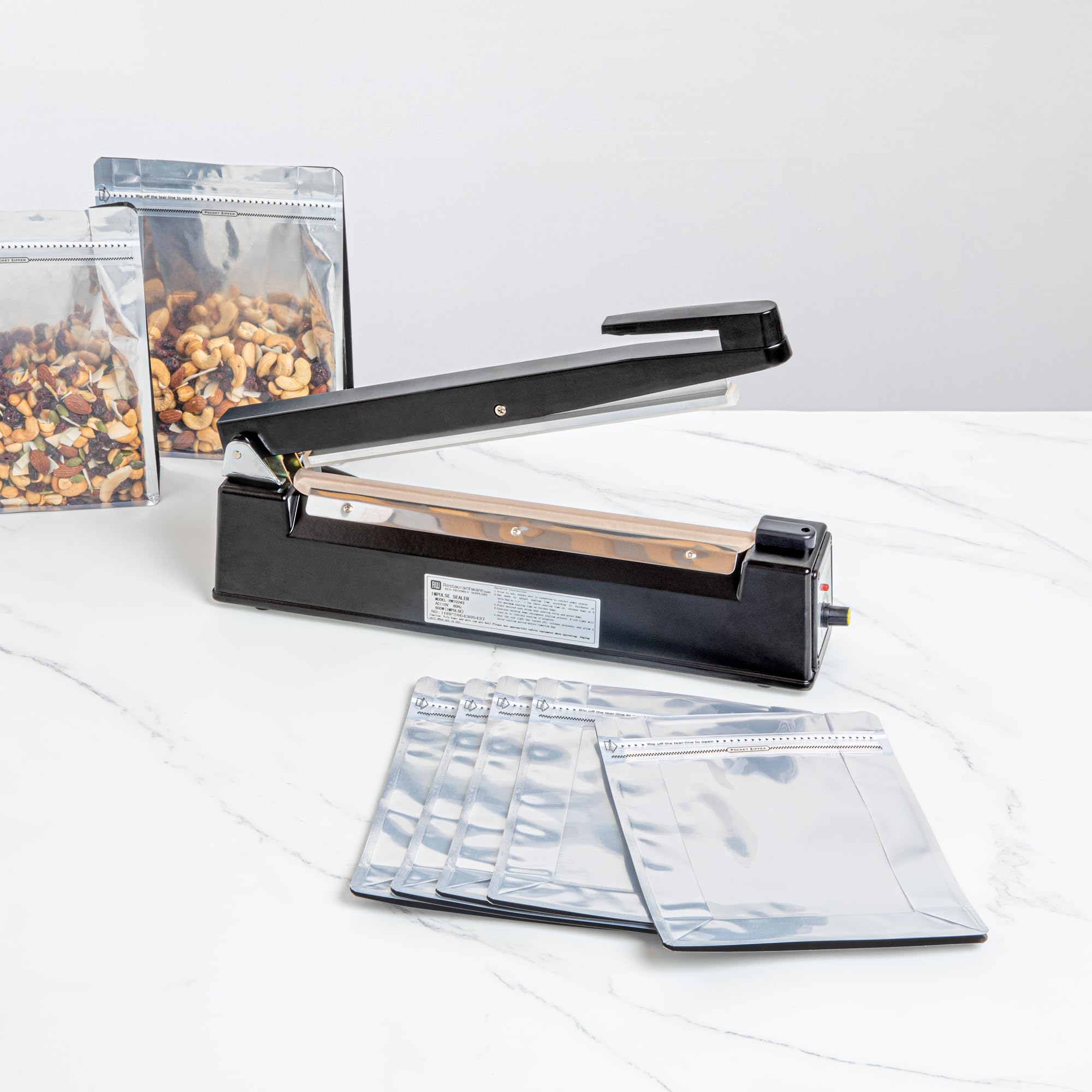 Restaurantware 12 Inch Manual Heat Sealer Machine - Industrial Grade Food Safe Impulse Sealer with Adjustable Temperature Control, Portable Black Aluminum Sealing Equipment for Food Packaging, Vacuum Sealing & Meal Prep