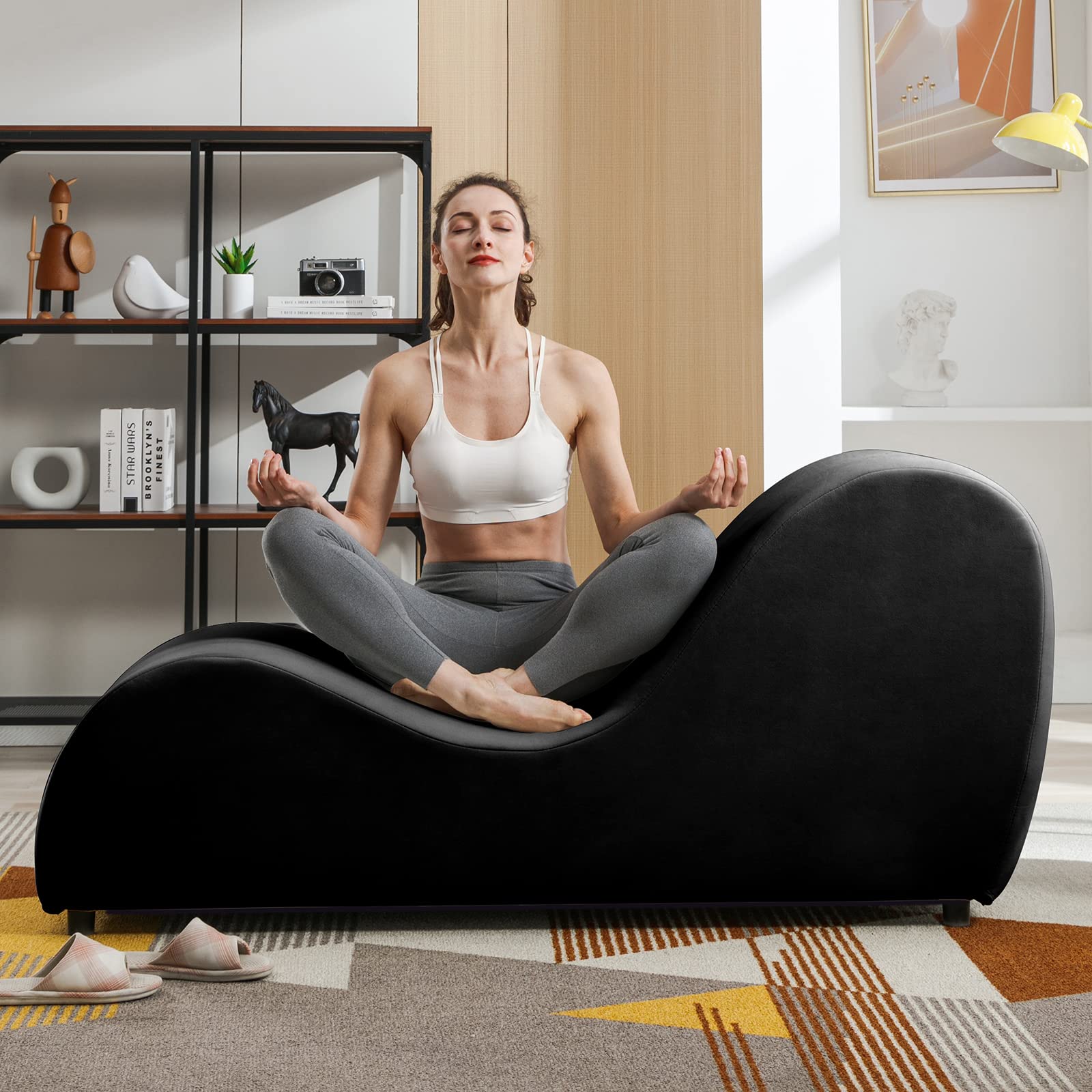 Premium Velvet Yoga Chair for Adults - Modern Curved Yoga Chaise Lounge for Exercise & Relaxation | Indoor Yoga Stretching Chair | Small Chaise Lounge for Living Room & Home Gym | Black - Perfect for Yoga Studios, Home Workouts & Meditation Spaces