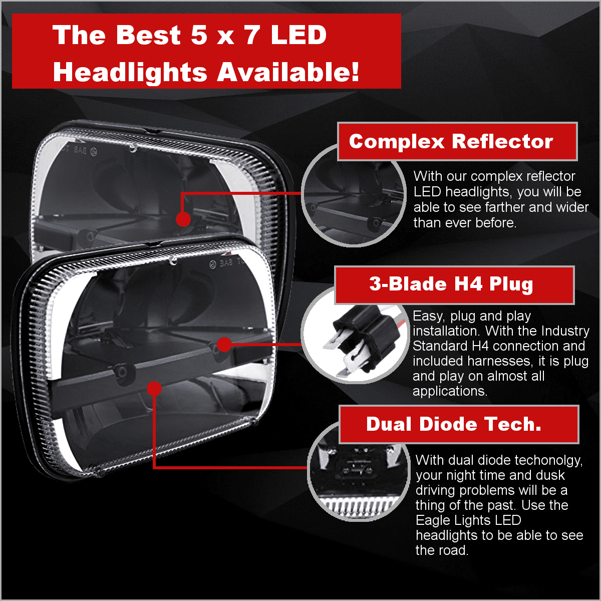 Eagle Lights 5x7 LED Headlight with Complex Reflector & Negative Harness - Compatible with Toyota Models | High-Performance Replacement for Off-Road, Night Driving & Adventure Vehicles
