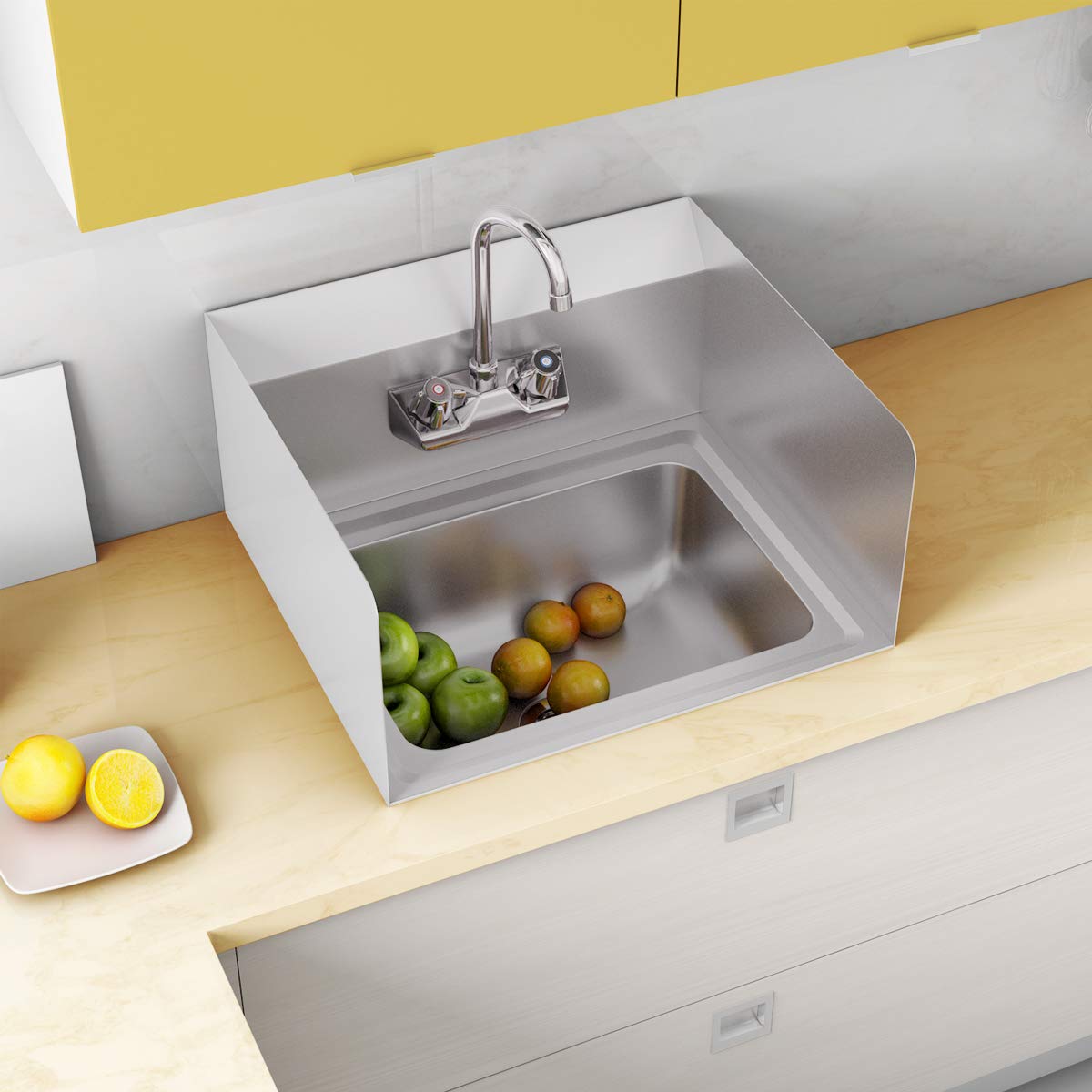 Giantex Commercial Stainless Steel Hand Washing Sink with Wall Mount Faucet & Side Splashes - Heavy Duty Kitchen Sink with Hot/Cold Water Inlet - Ideal for Restaurants, Food Trucks & Commercial Kitchens (Silver)