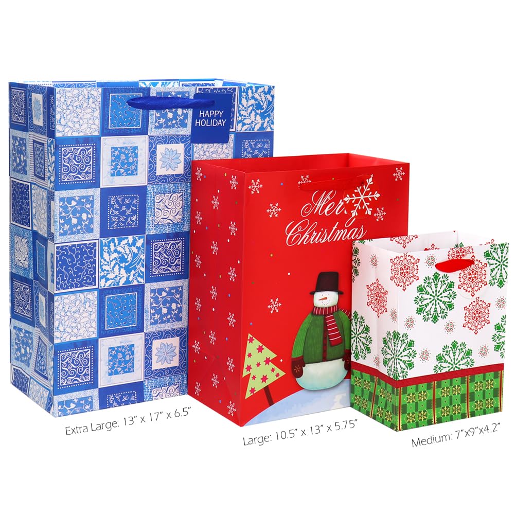 Christmas Gift Bags Set with Greeting Cards - 12 Pack (4 XL, 4 Medium, 4 Small Bags + 12 Cards & Envelopes) - Holiday Party Favors, Xmas Present Wrapping, Office Gift Exchange, Secret Santa Supplies