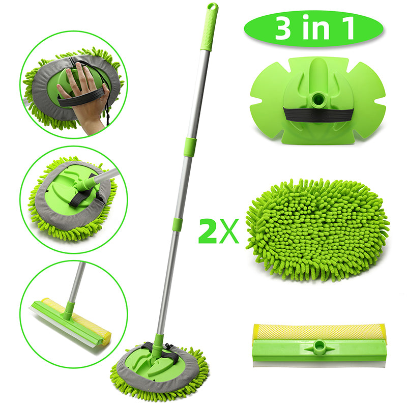 3 in 1 Chenille Wash Mop & Window Cleaner with Removable Car Wash Mitt (3.75 ft) - Perfect for Home, Car, and Window Cleaning - Multi-Surface Cleaning Tool for Floors, Vehicles, and Glass