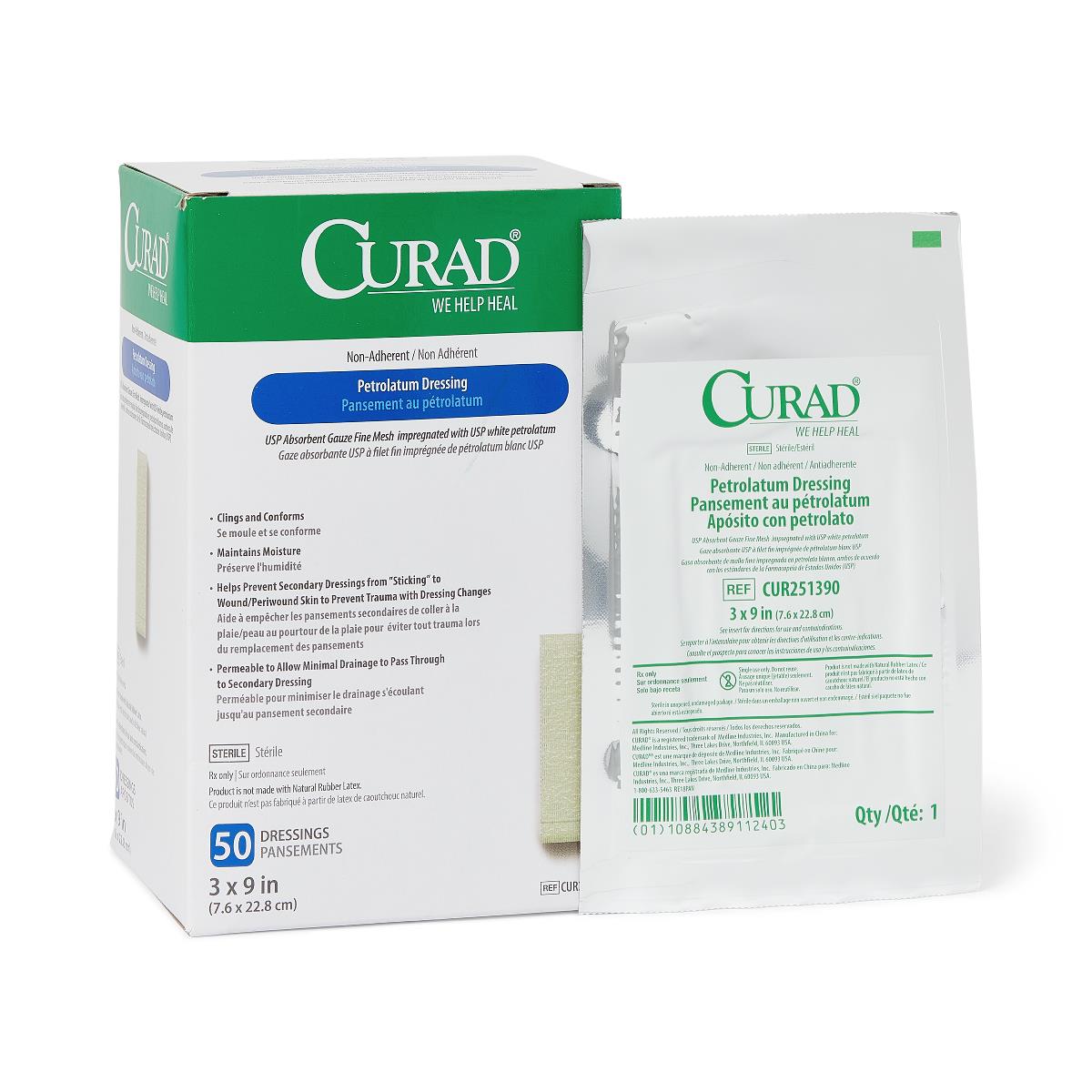 CURAD Sterile Non-Adherent Petrolatum Gauze Dressing 3x9 Inches, Box of 50 | First Aid Wound Care for Burns, Cuts & Abrasions | Medical Grade Bandage Pads for Healing & Protection