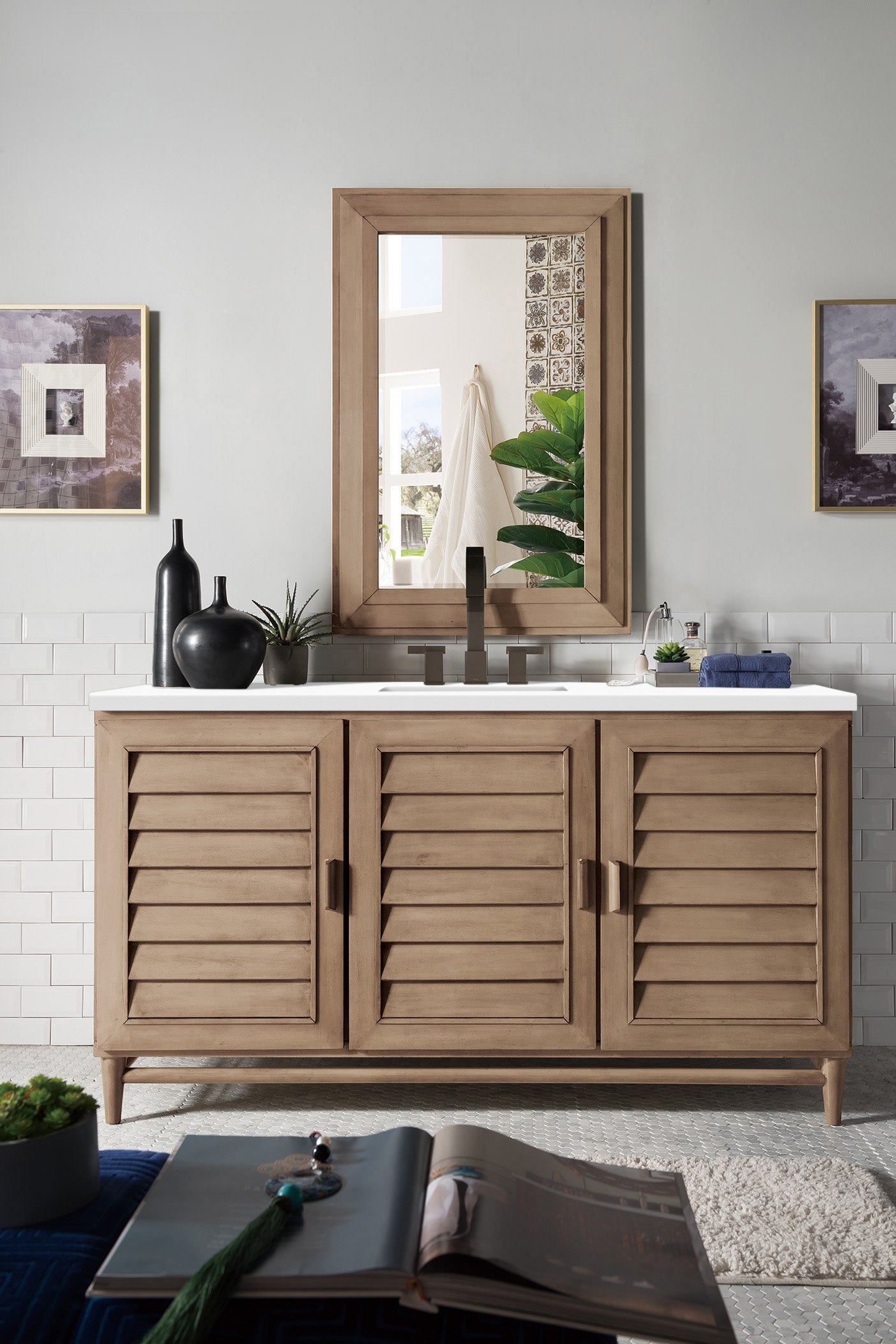 Portland 60 Inch Single Bathroom Vanity with Whitewashed Walnut Finish & 3CM Classic White Quartz Countertop - Perfect for Modern Master Bathrooms and Guest Bath Suites