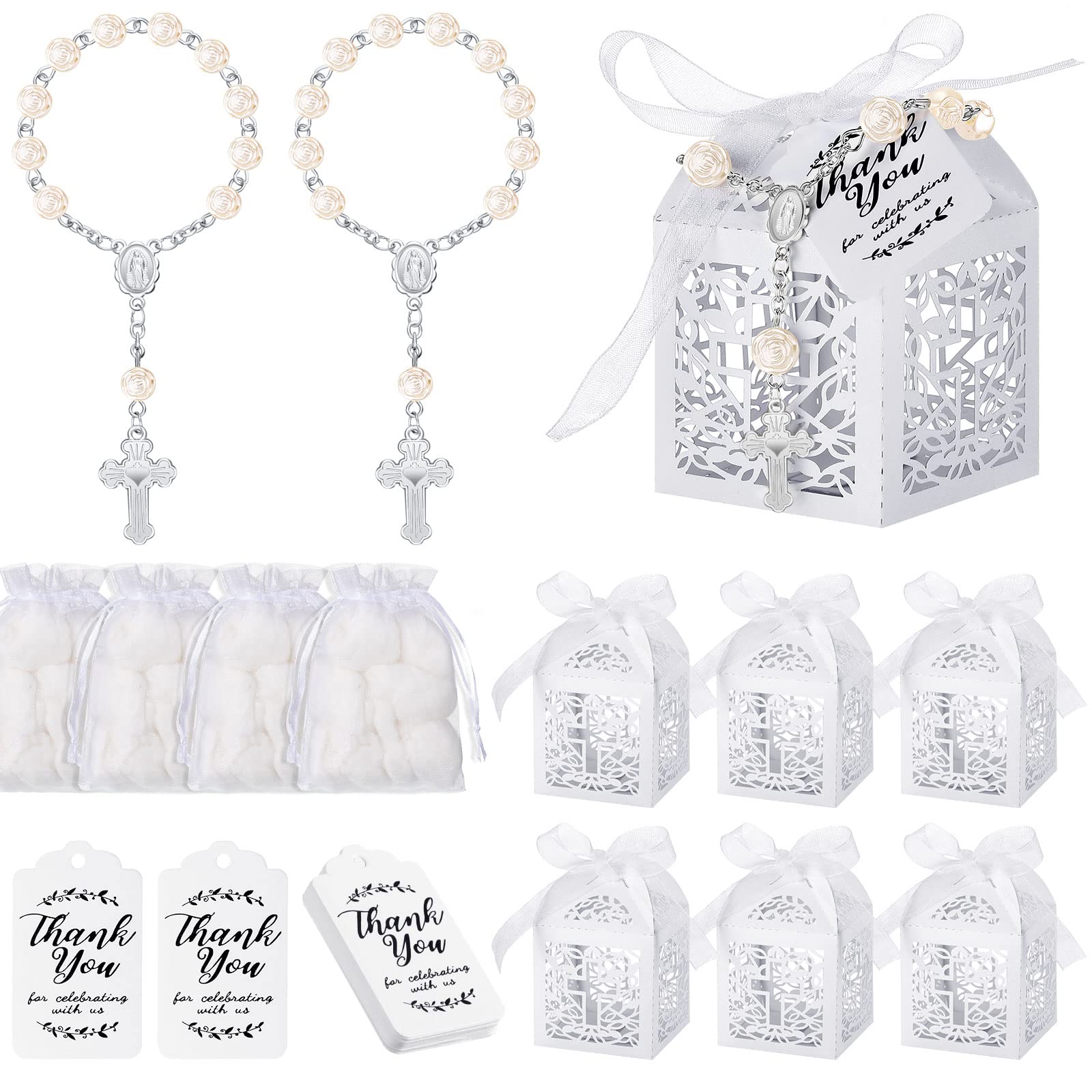 100-Piece Baptism Favors Gift Set - 25 Mini Rosaries, Laser-Cut Favor Boxes, White Organza Bags & 25 Thank You Tags - Perfect for Baby Showers, Christenings, Weddings & Religious Celebrations