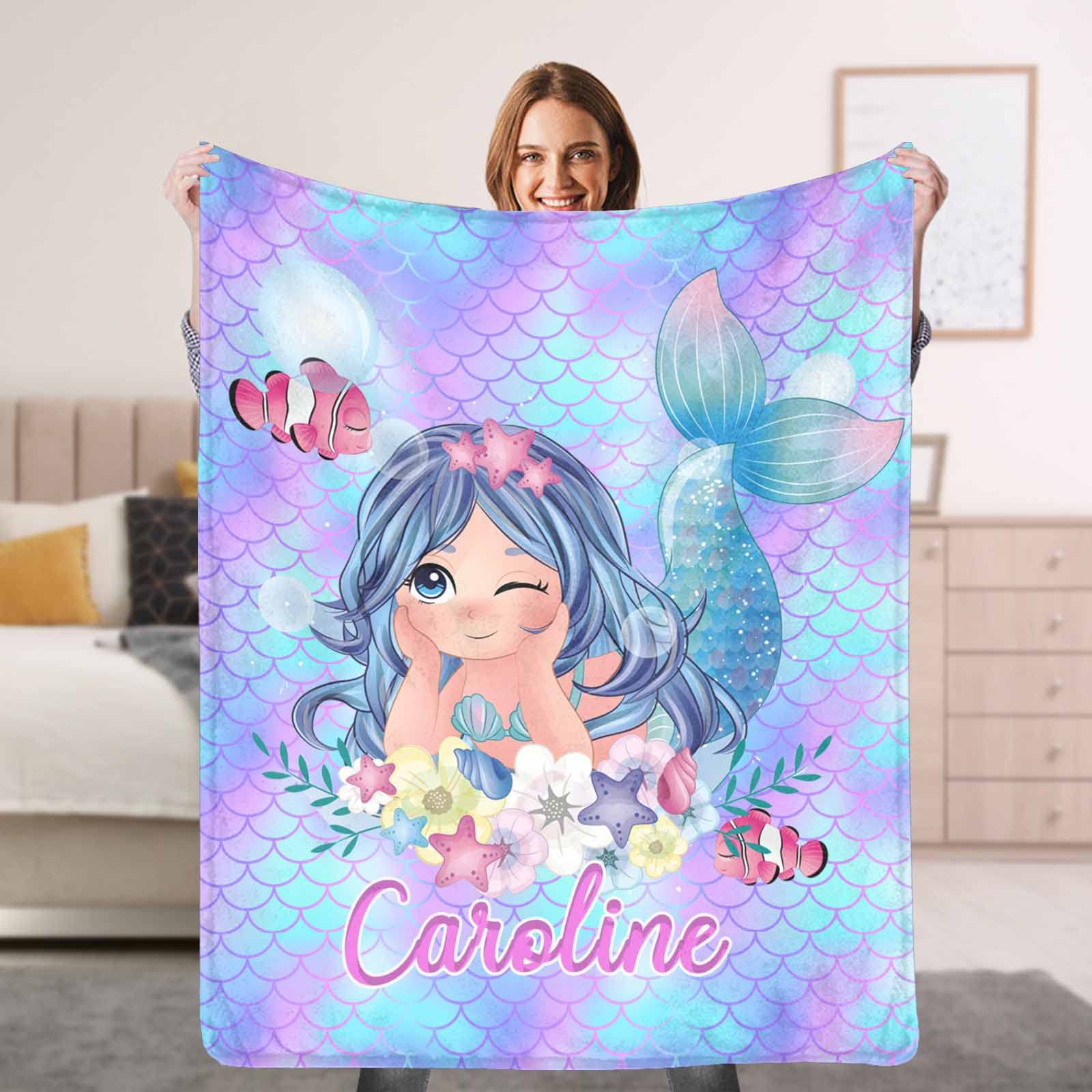 YESCUSTOM Personalized Baby Blankets for Boys & Girls – Custom Name Fleece Throw Blanket | Soft Mermaid Design for Toddler Bedroom, Couch & Nursery Decor | Ideal Birthday Gift for Kids (Home, Travel & Photo Shoot Use)