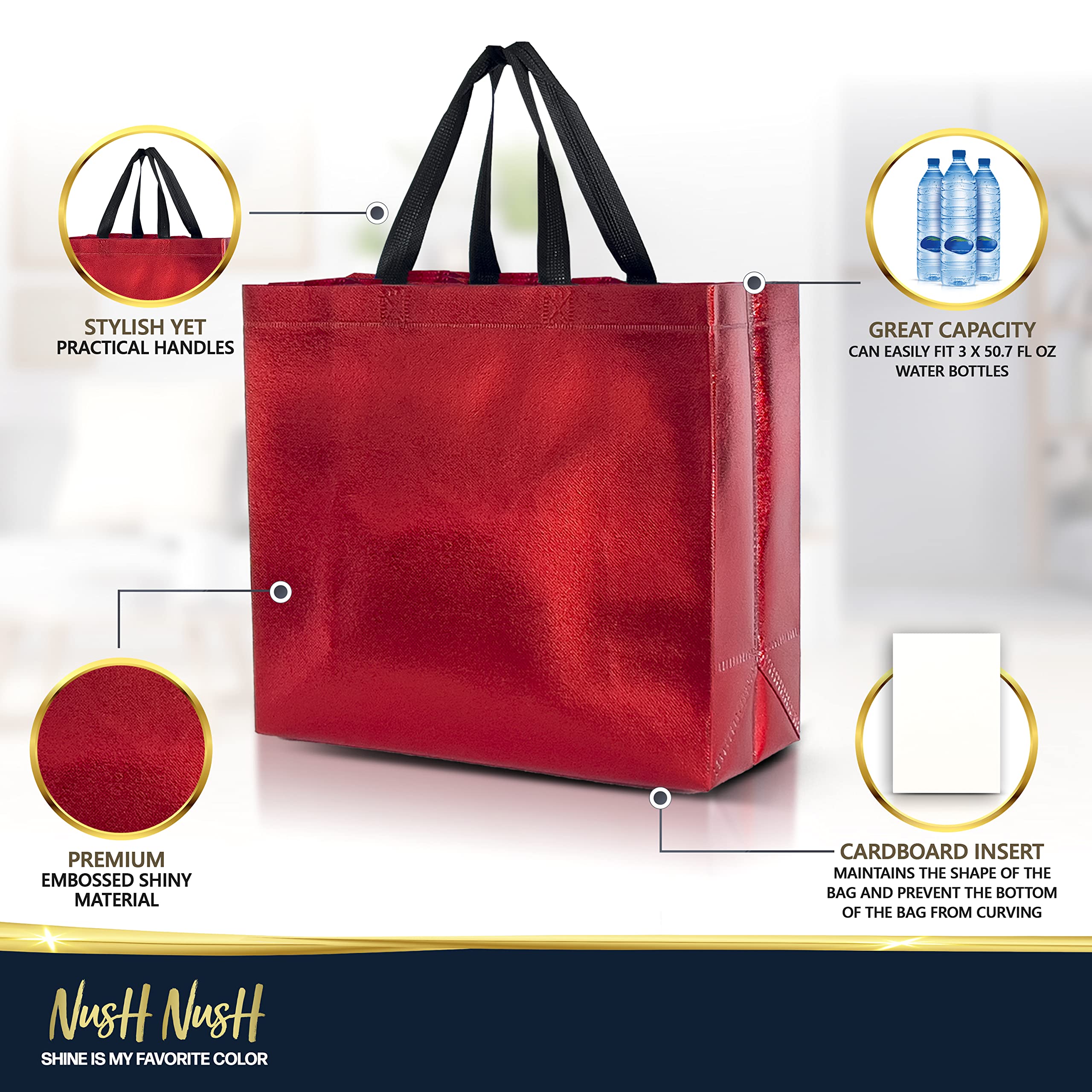 Nush Nush 12-Pack Large Red Reusable Gift Bags with Handles - 13