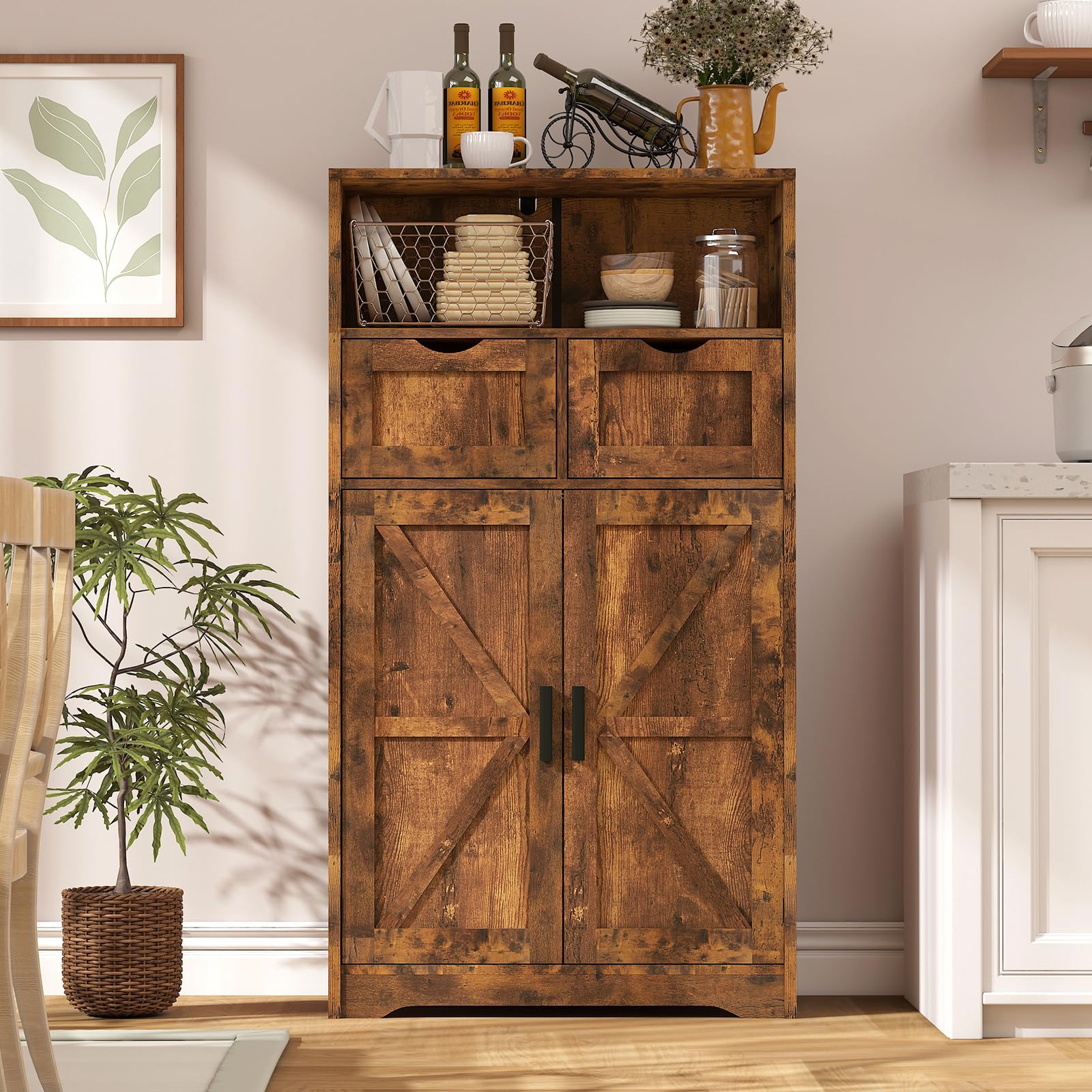 WEENFON Farmhouse Storage Cabinet - Rustic Brown Kitchen Pantry Organizer with 2 Adjustable Drawers & Shelves, Floor Hutch Cupboard for Living Room, Home Office & Kitchen Storage - Perfect for Small Space Organization & Farmhouse Decor