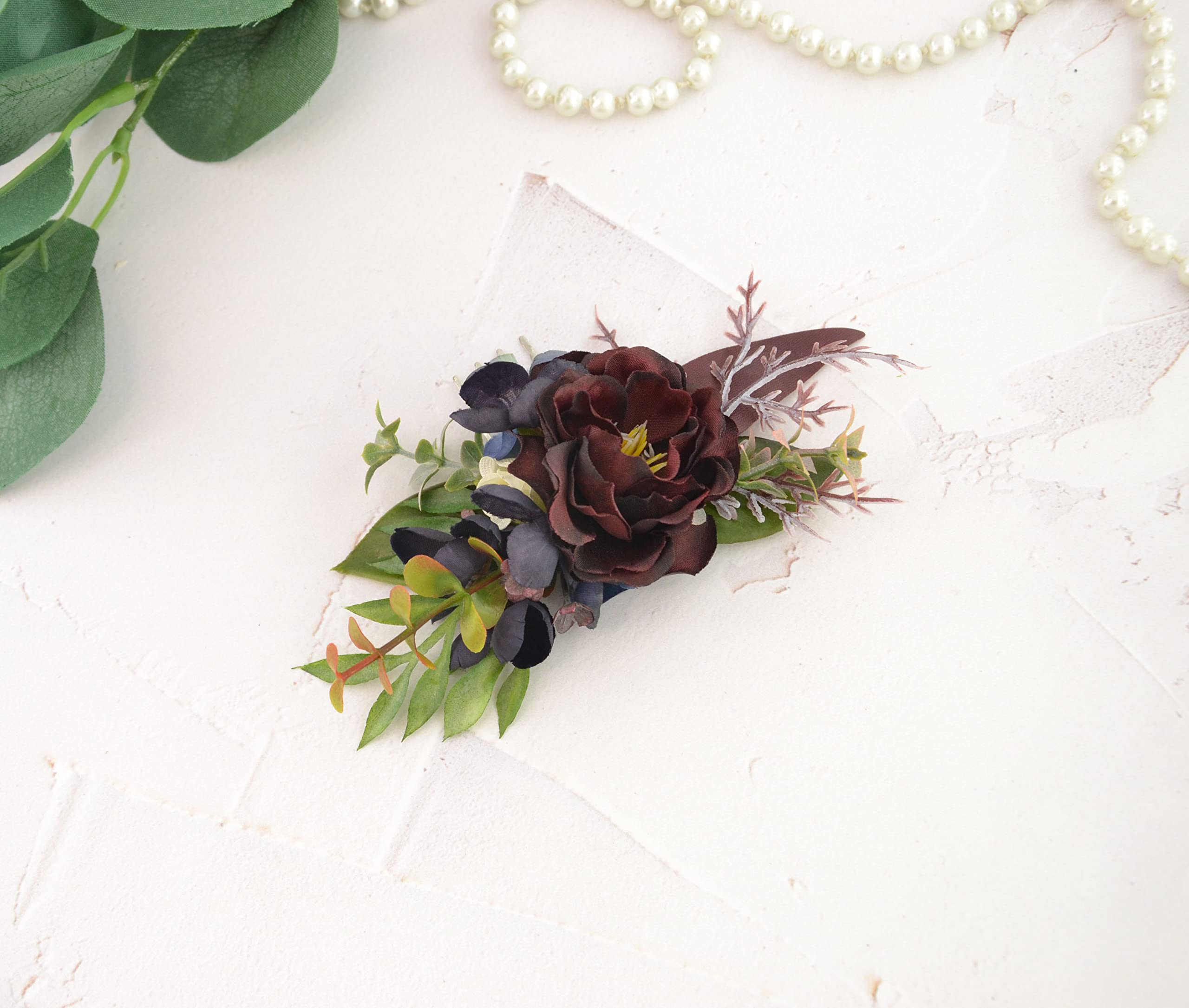 Elegant Navy Burgundy Ivory Floral Hair Comb for Bridesmaids & Flower Girls - Boho Wedding Hair Accessories, Rustic Headpiece, Marsala & Deep Blue Comb - Perfect for Fall Weddings, Bridal Showers & Boho-Themed Events (Mini Comb #6)