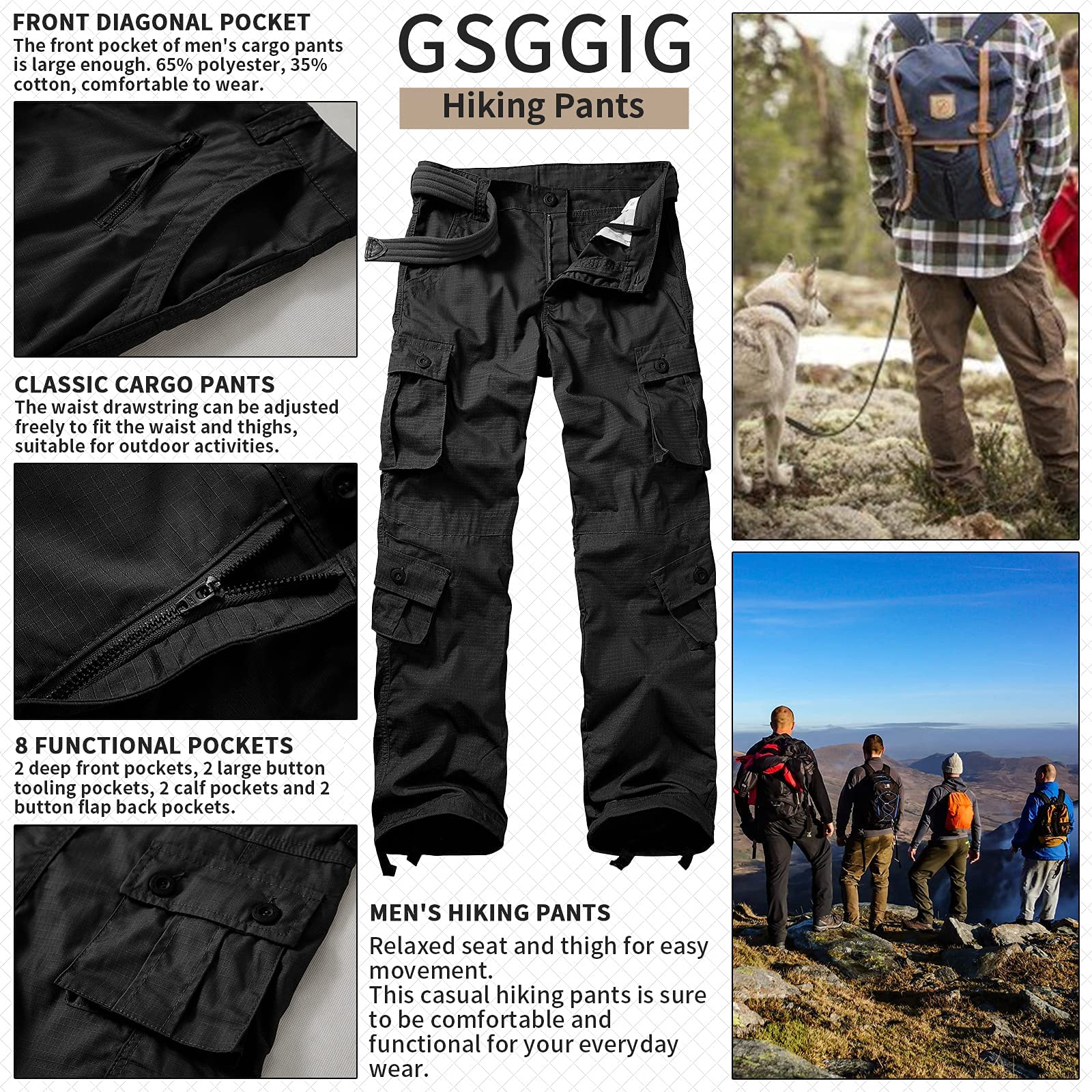 Men's Lightweight Tactical Hiking Pants - Outdoor Work Cargo Pants with Multiple Pockets | Durable Ripstop Fabric for Camping, Hiking & Everyday Wear