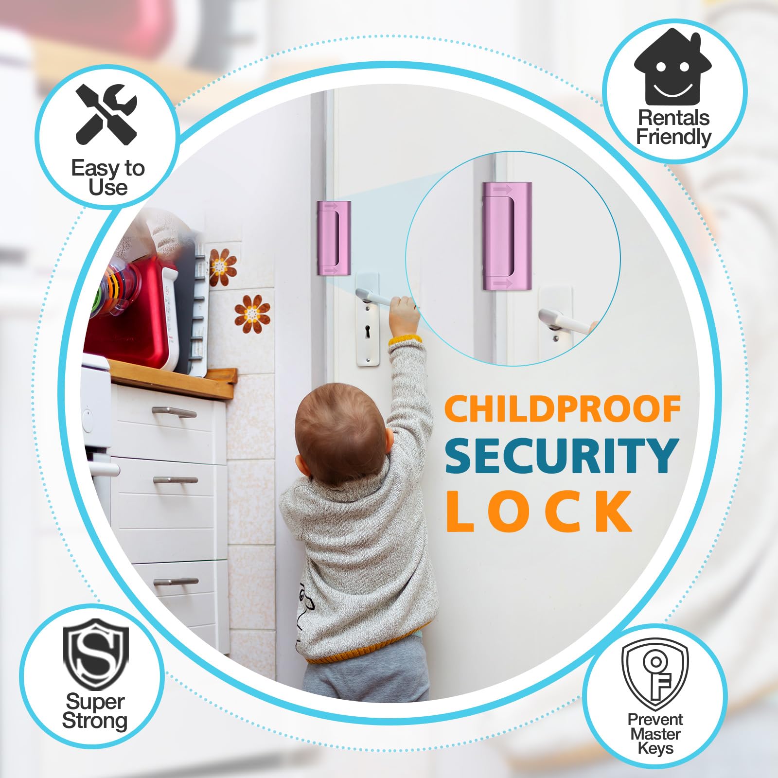 Home Security Door Reinforcement Lock - Childproof Door Lock for Kids Safety, Top Front Door Guardian, Heavy Duty Metal Flip Lock for Apartment & Bedroom (Use for Swinging Inward Doors at Night)