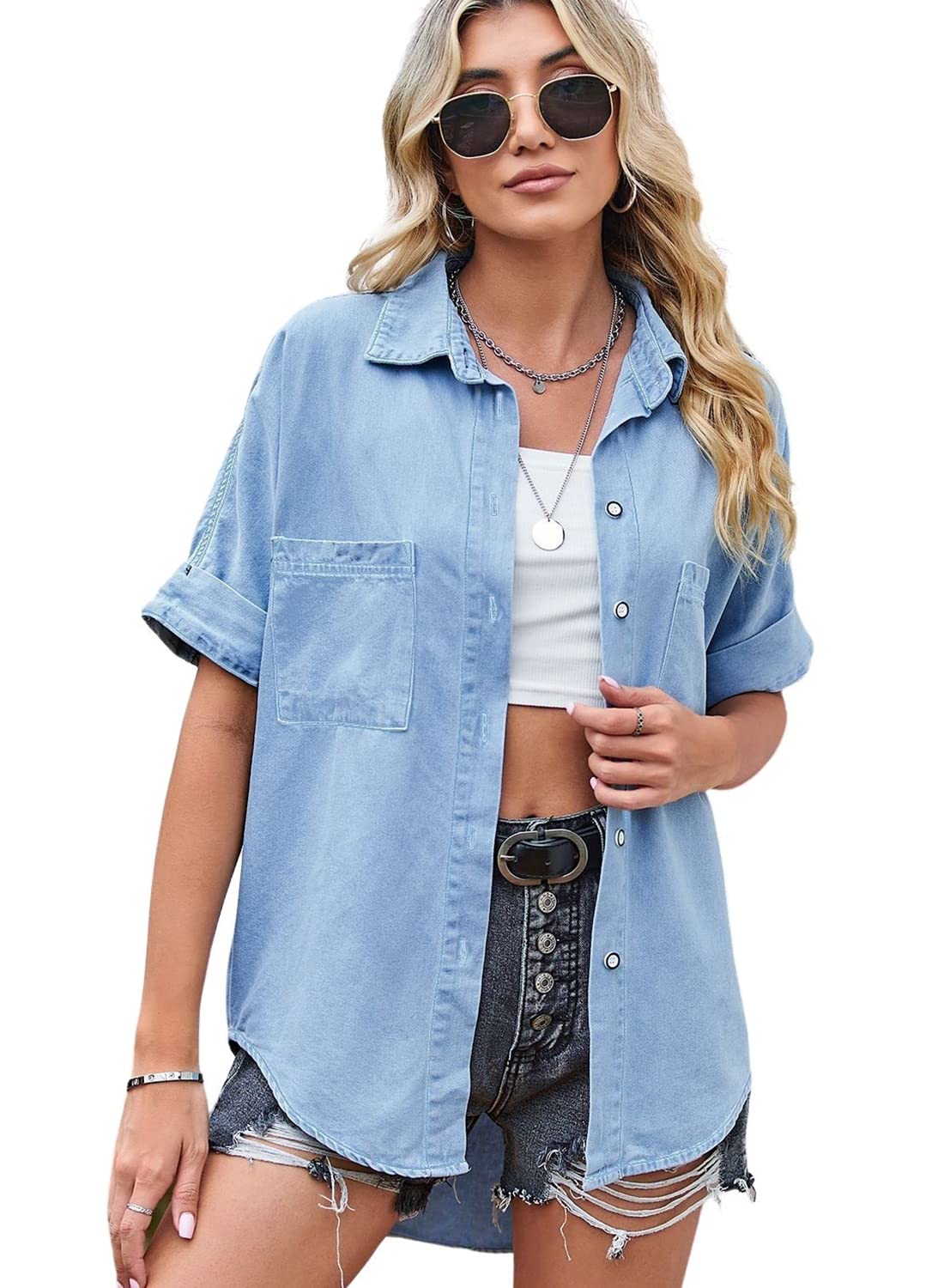 Yoeasy Women's Short Sleeve Denim Button Down Shirt with Pockets - Casual V-Neck Jean Top for Everyday Wear, Work & Weekend Outfits