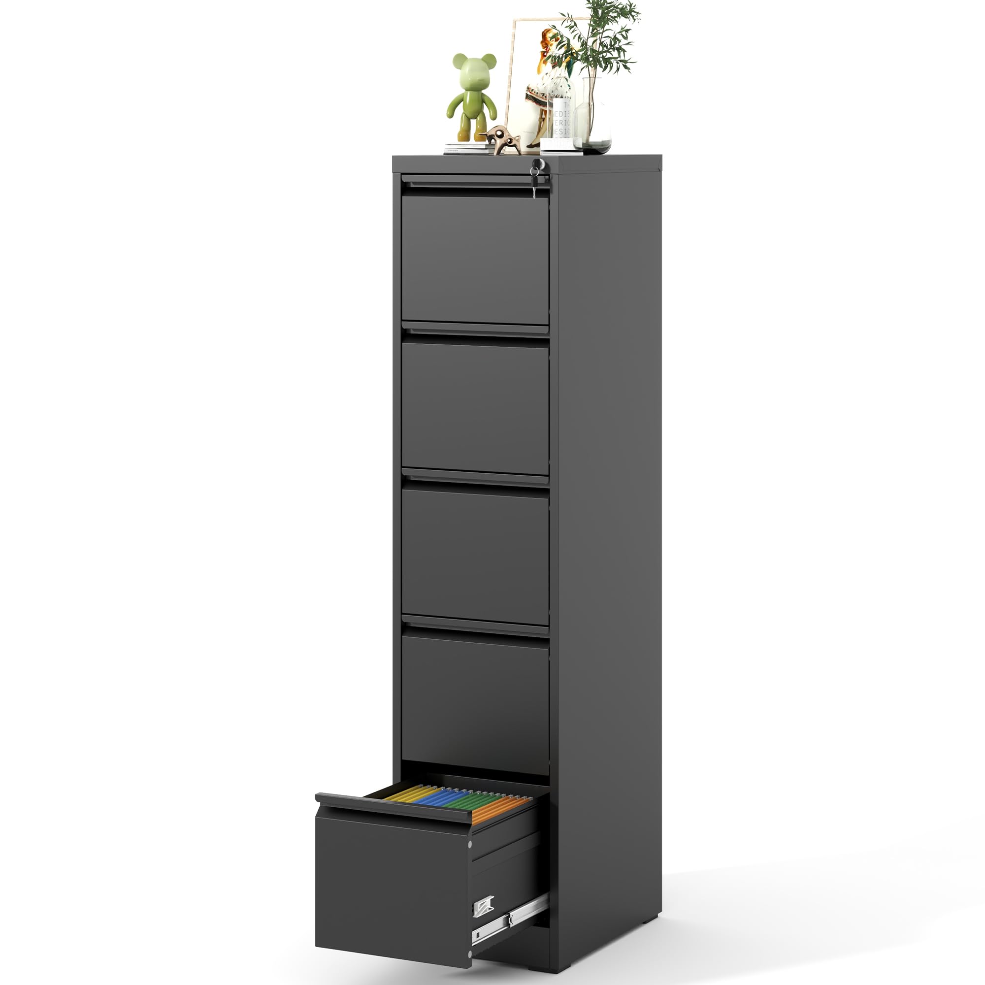 5-Drawer Vertical File Cabinet with Lock - Heavy Duty Steel Office Filing Cabinet for Hanging Letters, Legal & A4 Documents - Perfect for Home Office Organization & Document Storage (Black, Assembly Required)