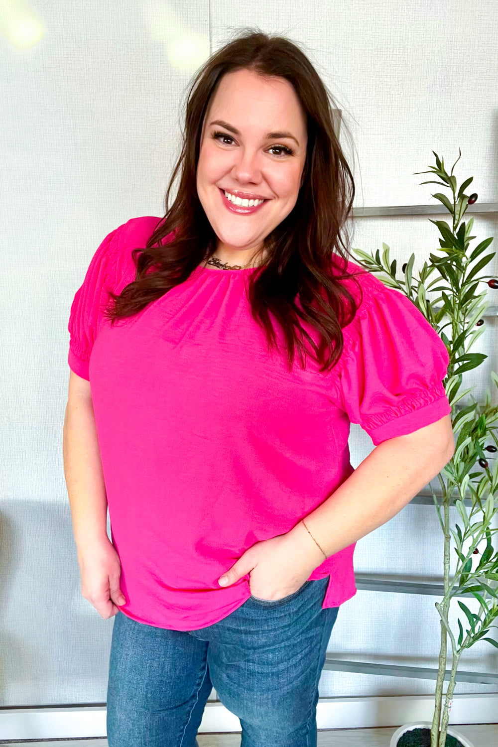 Perfectly You Solid Fuchsia Silk Shirred Cap Short Sleeve Blouse for Women | Elegant Casual & Office Wear | Summer Fashion Top