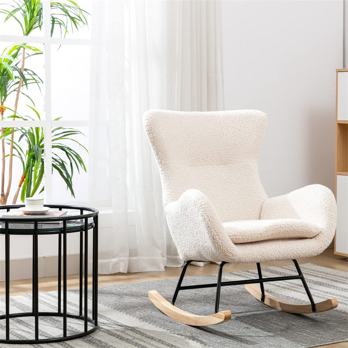 Teddy Rocking Chair - Upholstered High Back Accent Chair with Armrests & Padded Seat - Sturdy Metal & Wood Base Rocking Sofa for Living Room, Bedroom, Office - Beige Fabric - Perfect for Nursery, Reading Nook & Relaxation