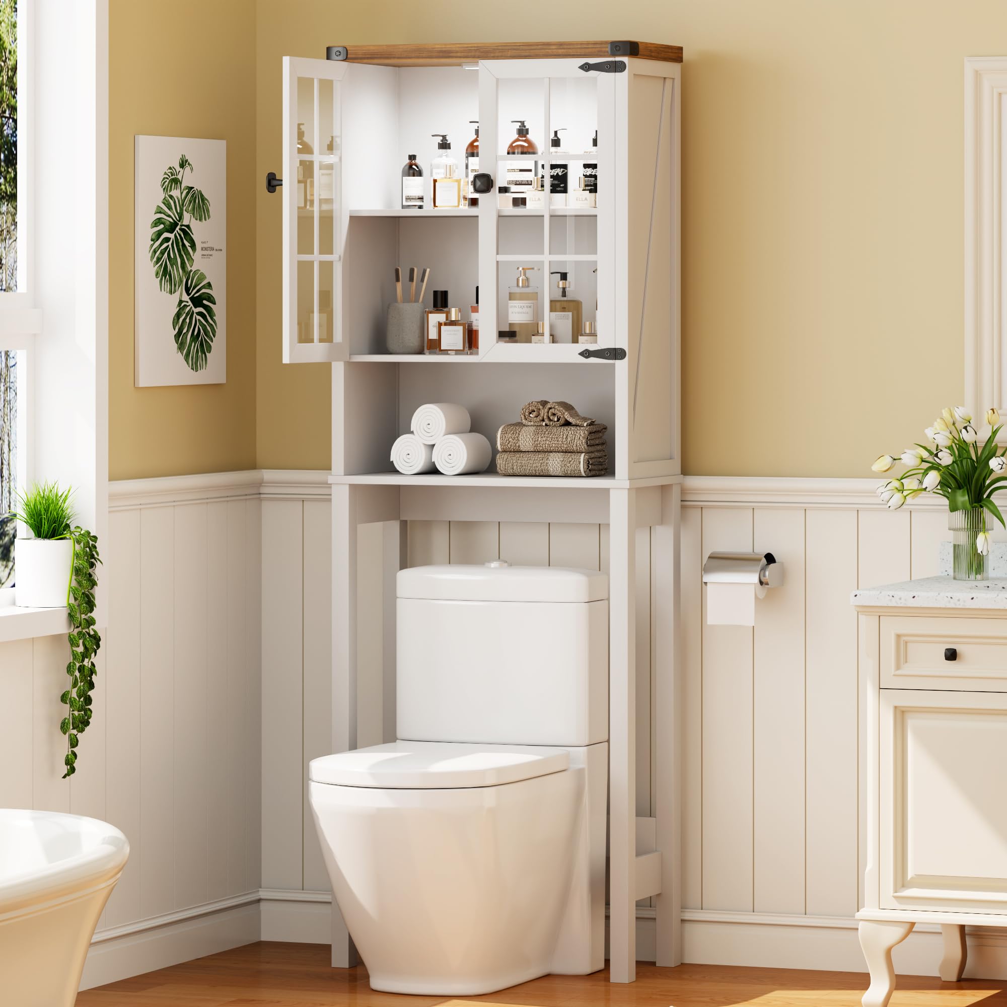 Farmhouse Over The Toilet Storage Cabinet with Shelves & Doors - White Free-Standing Bathroom Organizer with Anti-Tip Design & Ceiling Light - Perfect for Small Bathrooms, Apartments, and Space-Saving Storage Solutions