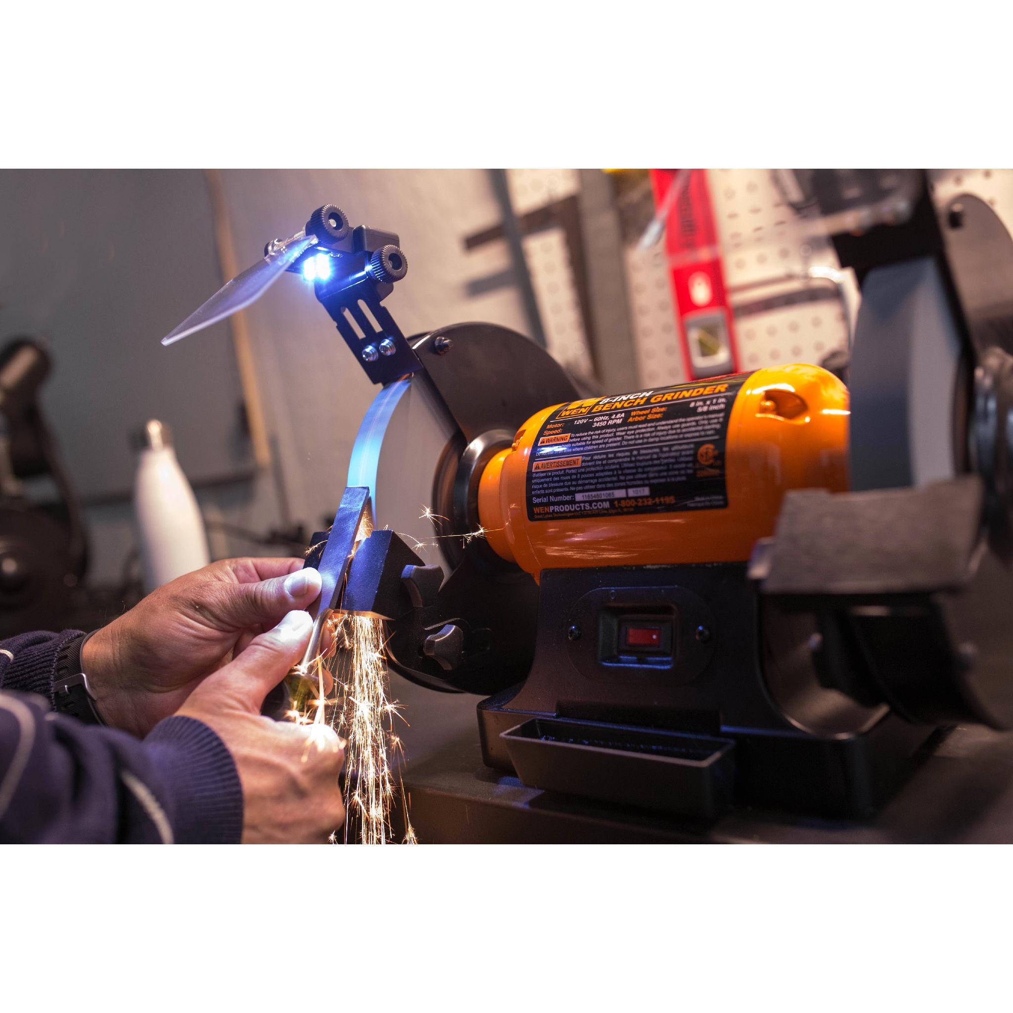 WEN BG4282 4.8 Amp 8 Inch Single Speed Bench Grinder with LED Work Lights - Heavy Duty Metal Grinding & Sharpening Tool for Workshop, DIY Projects & Home Improvement