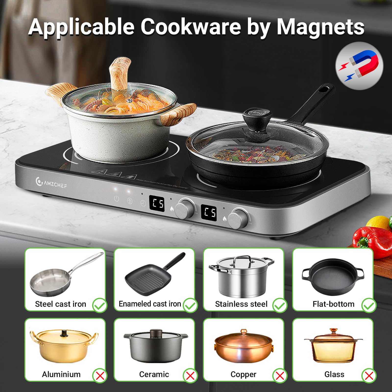 AMZCHEF 1800W Double Induction Cooktop with Removable Non-Stick Griddle Pan - 2 Burner Portable Induction Stove with Sensor Touch, 9 Power Levels & 99 Min Timer - Perfect for Kitchen, RV, Camping & Dorm Cooking (Iron Grey)