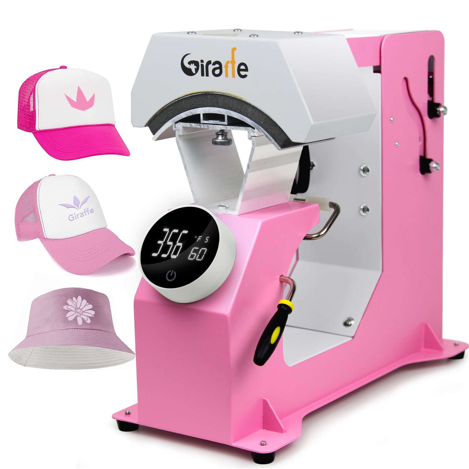 Giraffe Auto Hat Heat Press Machine - Automatic Cap & T-Shirt Heat Transfer Press for DIY Sublimation on Hats, Shirts, Bags - Digital Knob Control with Auto Open/Release (Pink) - Perfect for Custom Apparel Business, Home Crafting & Small Batch Production